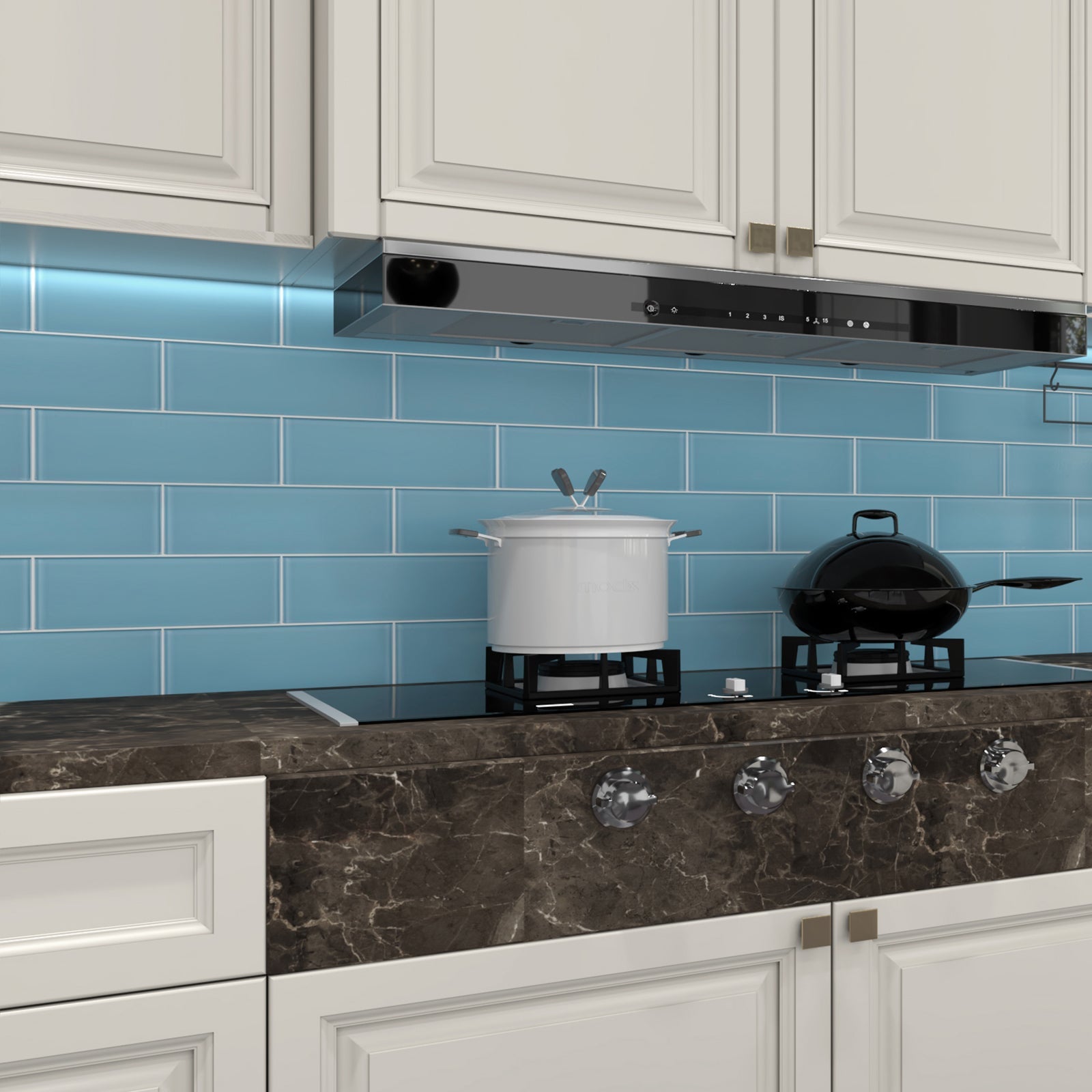 Surprise! This is a genuine glass tile, with a fresh blue color used as the perfect highlight for kitchen backsplash