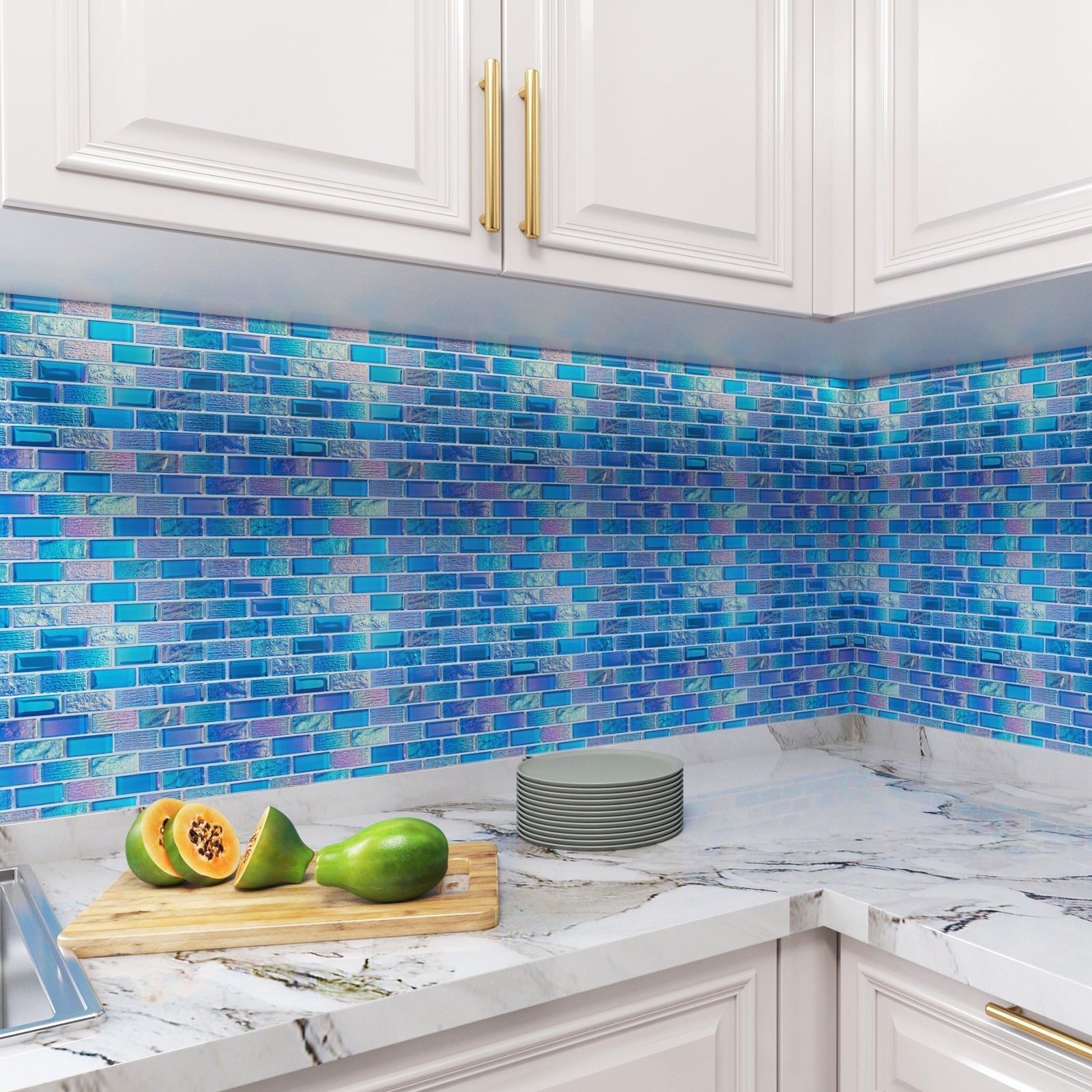 Kitchen with this blue fantasy mosaic glass tile, every time cooking is like in a dream ocean, cooking has become a kind of enjoyment!