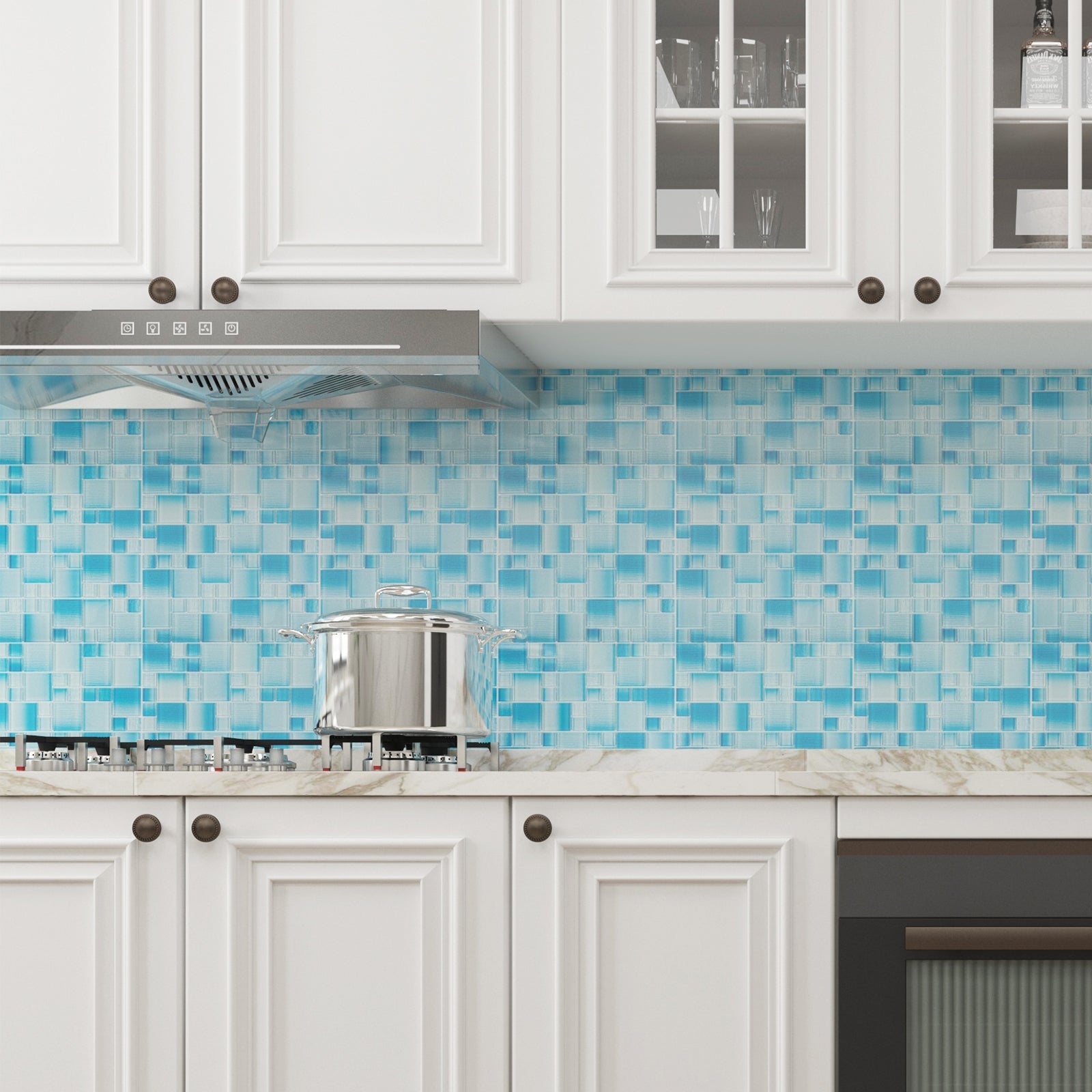 Amazing! The kitchen wall can also be gradient! Yes, the blue square particle gradient mosaic glass tile makes your kitchen wall different!