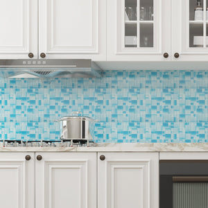 Amazing! The kitchen wall can also be gradient! Yes, the blue square particle gradient mosaic glass tile makes your kitchen wall different!