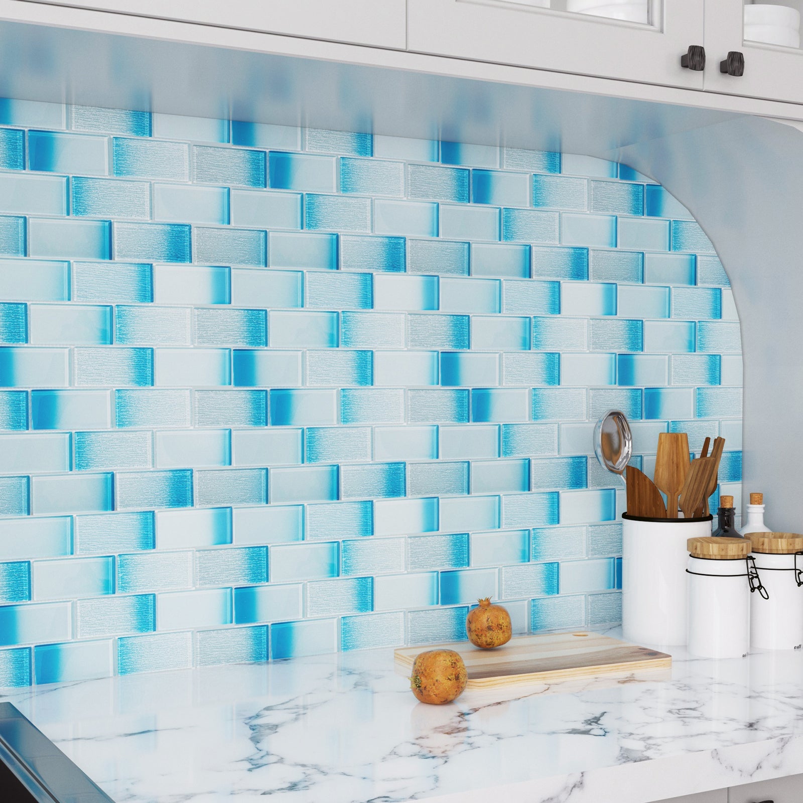 Wow! Look at this beautiful blue gradient mosaic glass tile, which instantly makes the kitchen fresh and stylish, and even cooking becomes a pleasure!