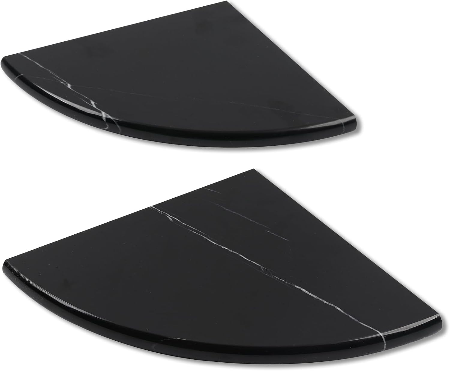 Lovdeco Nero Marquina black marble corner shelves shown with their curved front edges