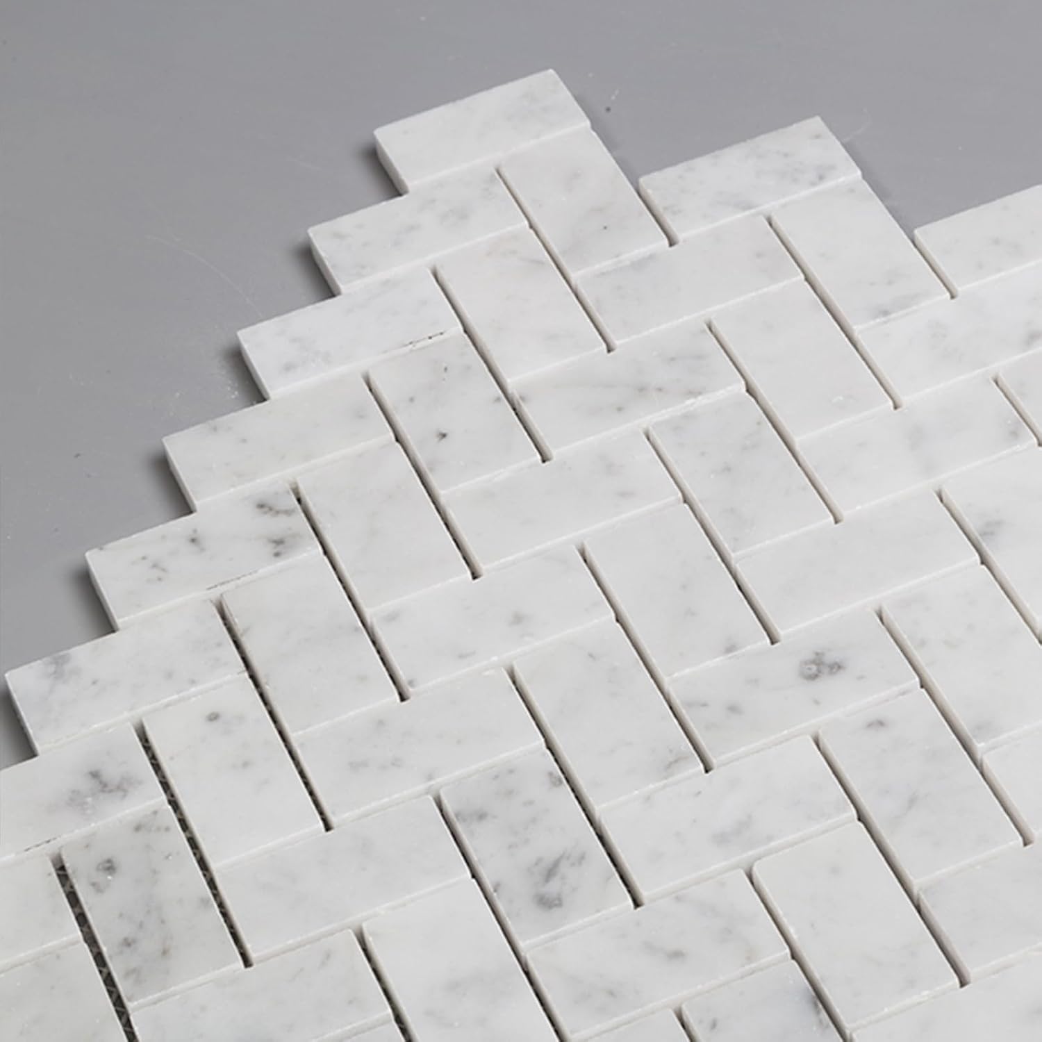 Lovdeco Carrara White Marble Stone 1x2 Inch Herringbone Italian Bianco Carrera Marble Mosaic Tile for Kitchen Wall Bathroom Shower Floor (5 Sheet, Polished)