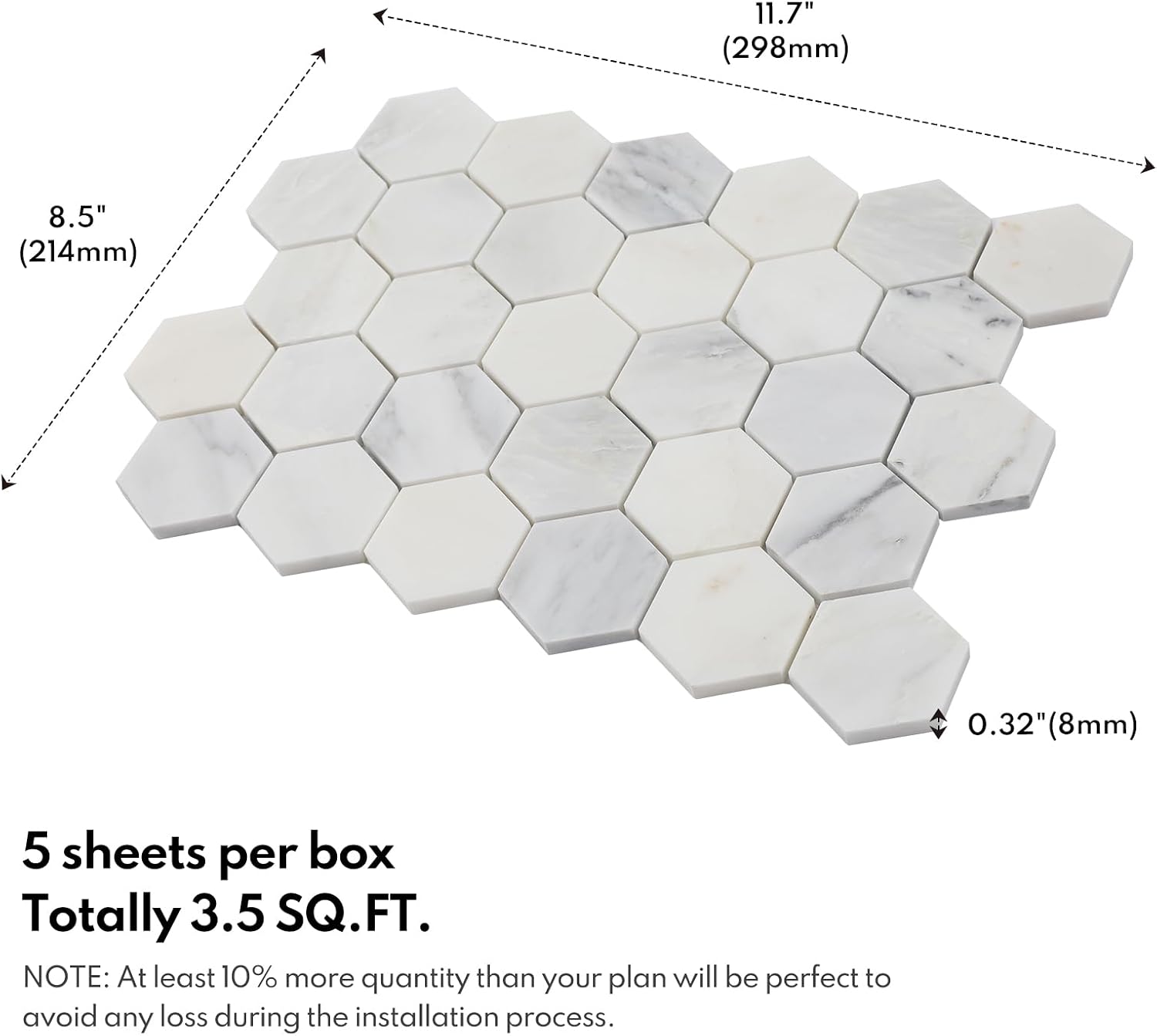 Lovdeco Bianco Alba Marble Stone 2 Inch Hexagon White Marble Mosaic Tile for Kitchen Wall Bathroom Shower Floor (5 Sheet, Honed)