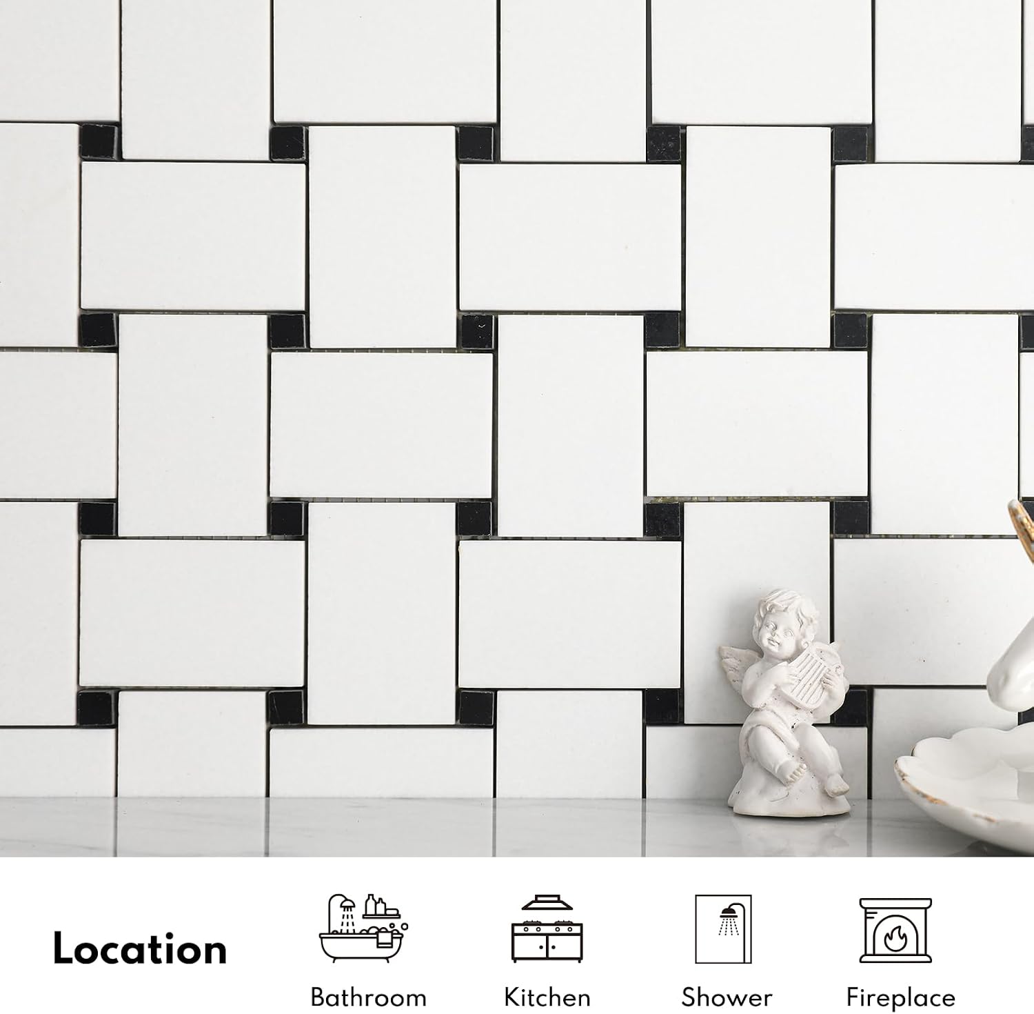 Lovdeco Microcrystal Stone White Marble Basketweave Marble Mosaic Tile for Kitchen Wall Bathroom Shower Floor (5 Sheet)