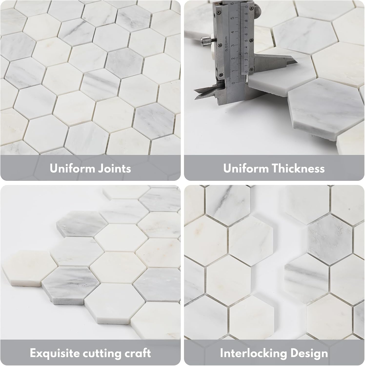 Lovdeco Bianco Alba Marble Stone 2 Inch Hexagon White Marble Mosaic Tile for Kitchen Wall Bathroom Shower Floor (5 Sheet, Honed)