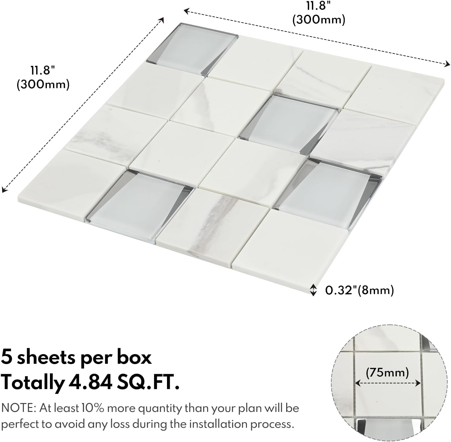 Lovdeco Marble Look 3D Mosaic Tile, 75x75mm Backsplash, 5 Sheets