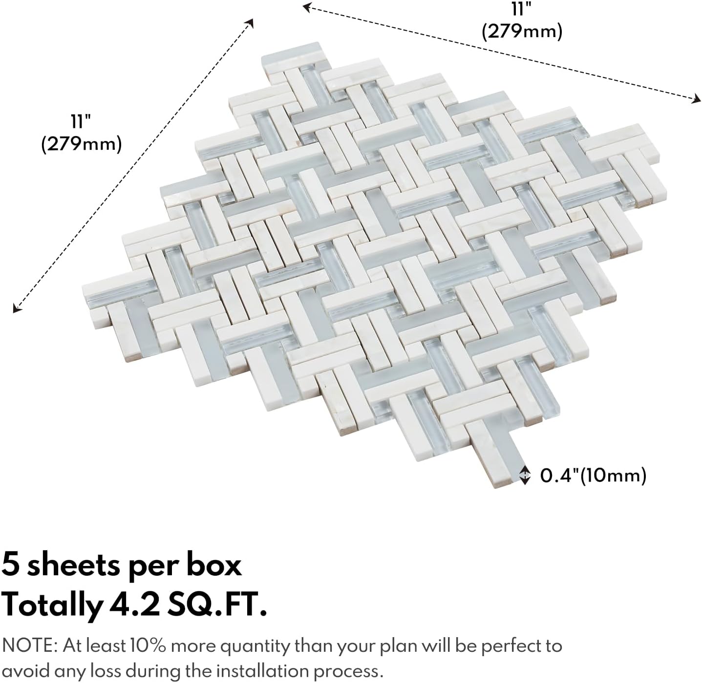 Lovdeco Glass Herringbone Mosaic Tiles, White with Blue Glass Strip Kitchen and Bathroom Shower Wall, 5 PCS, 4.8 SQ.FT.