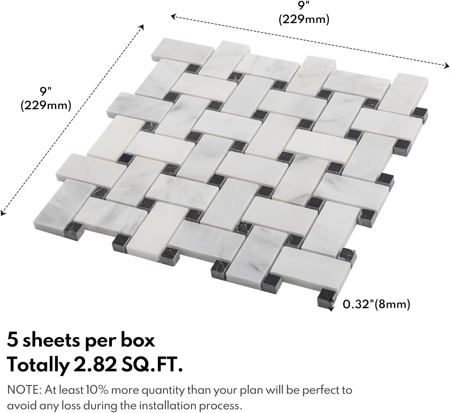 Lovdeco Bianco Alba Stone White Marble Basketweave Marble Mosaic Tile for Kitchen Wall Bathroom Shower Floor (5 Sheet，Polished)