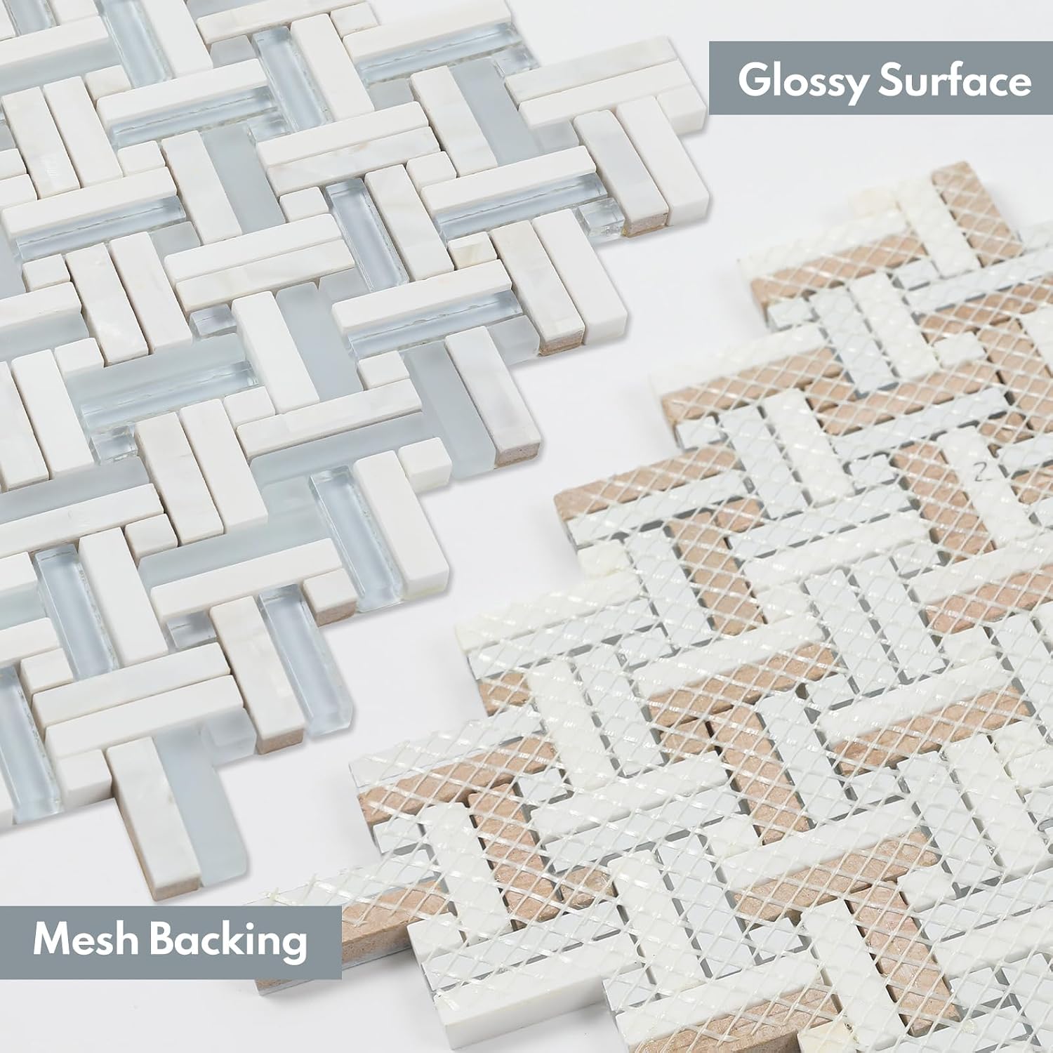 Lovdeco Glass Herringbone Mosaic Tiles, White with Blue Glass Strip Kitchen and Bathroom Shower Wall, 5 PCS, 4.8 SQ.FT.