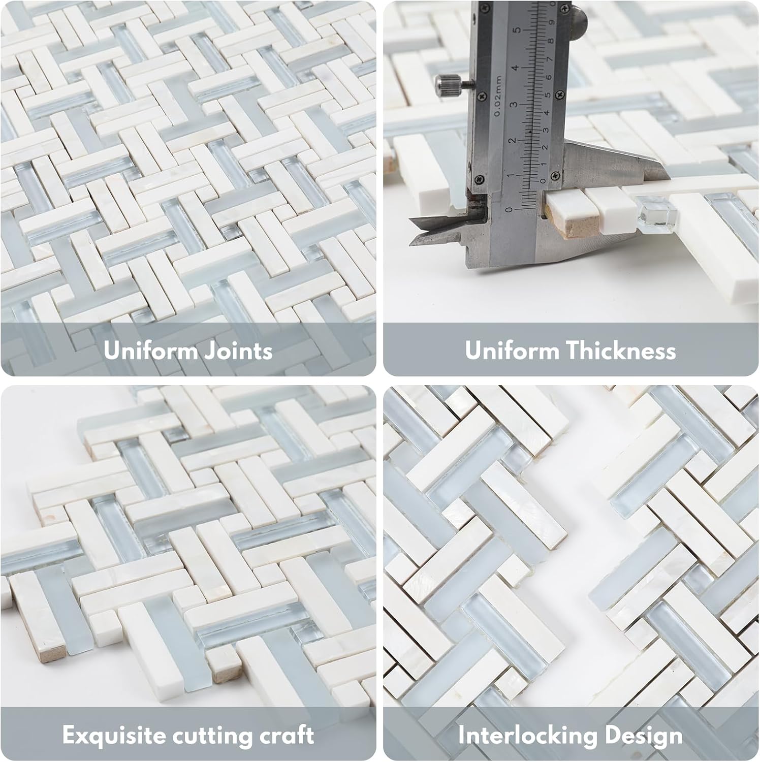 Lovdeco Glass Herringbone Mosaic Tiles, White with Blue Glass Strip Kitchen and Bathroom Shower Wall, 5 PCS, 4.8 SQ.FT.