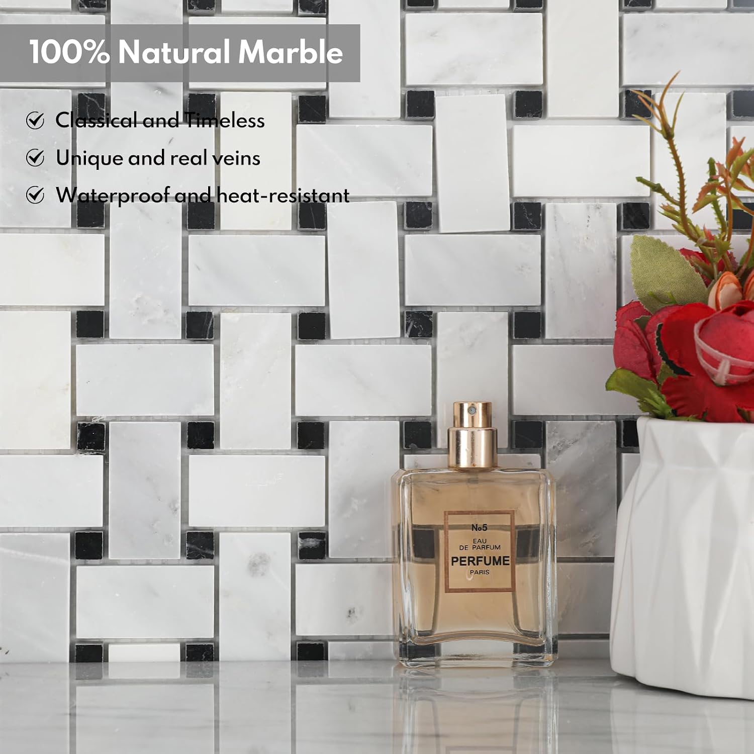 Lovdeco Bianco Alba Stone White Marble Basketweave Marble Mosaic Tile for Kitchen Wall Bathroom Shower Floor (5 Sheet，Polished)