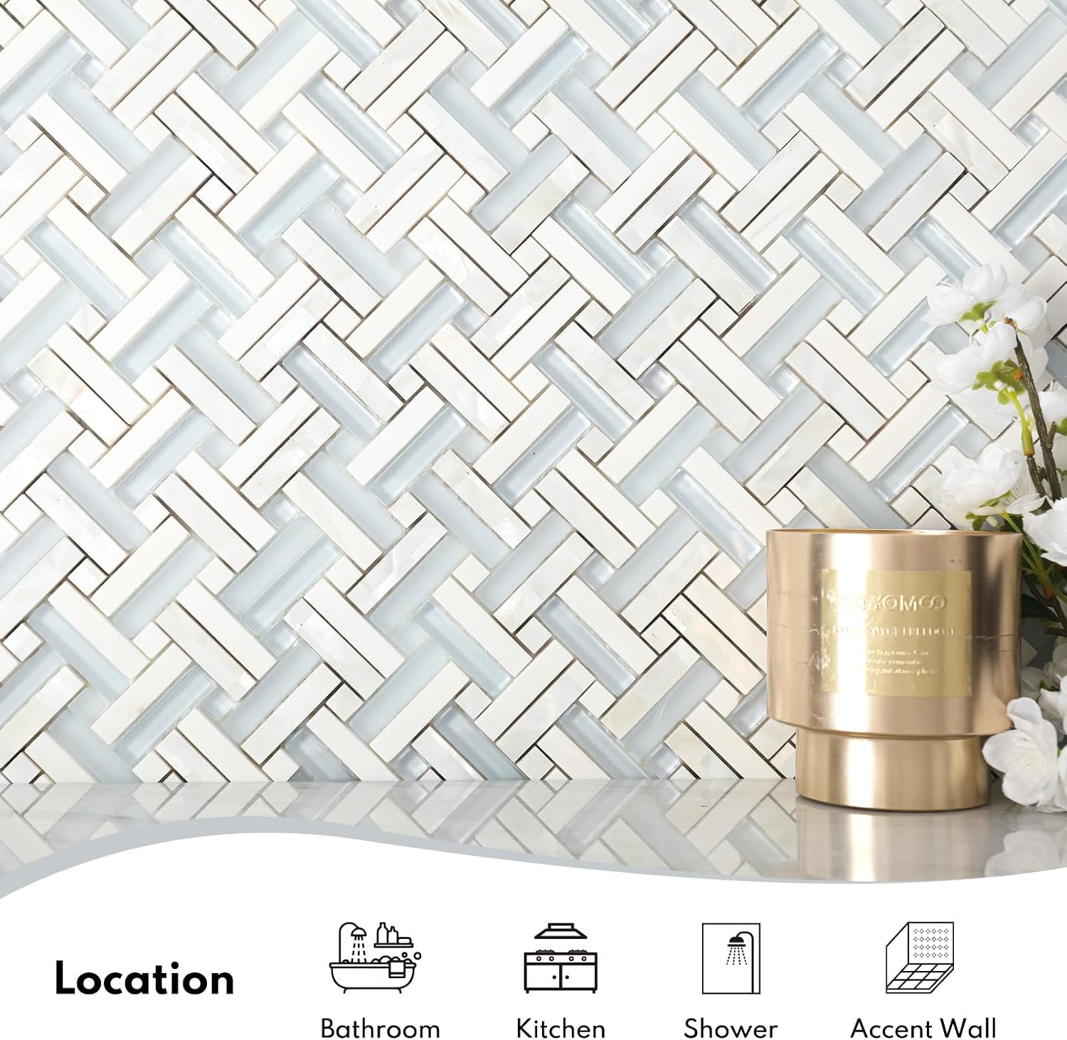 Lovdeco Glass Herringbone Mosaic Tiles, White with Blue Glass Strip Kitchen and Bathroom Shower Wall, 5 PCS, 4.8 SQ.FT.