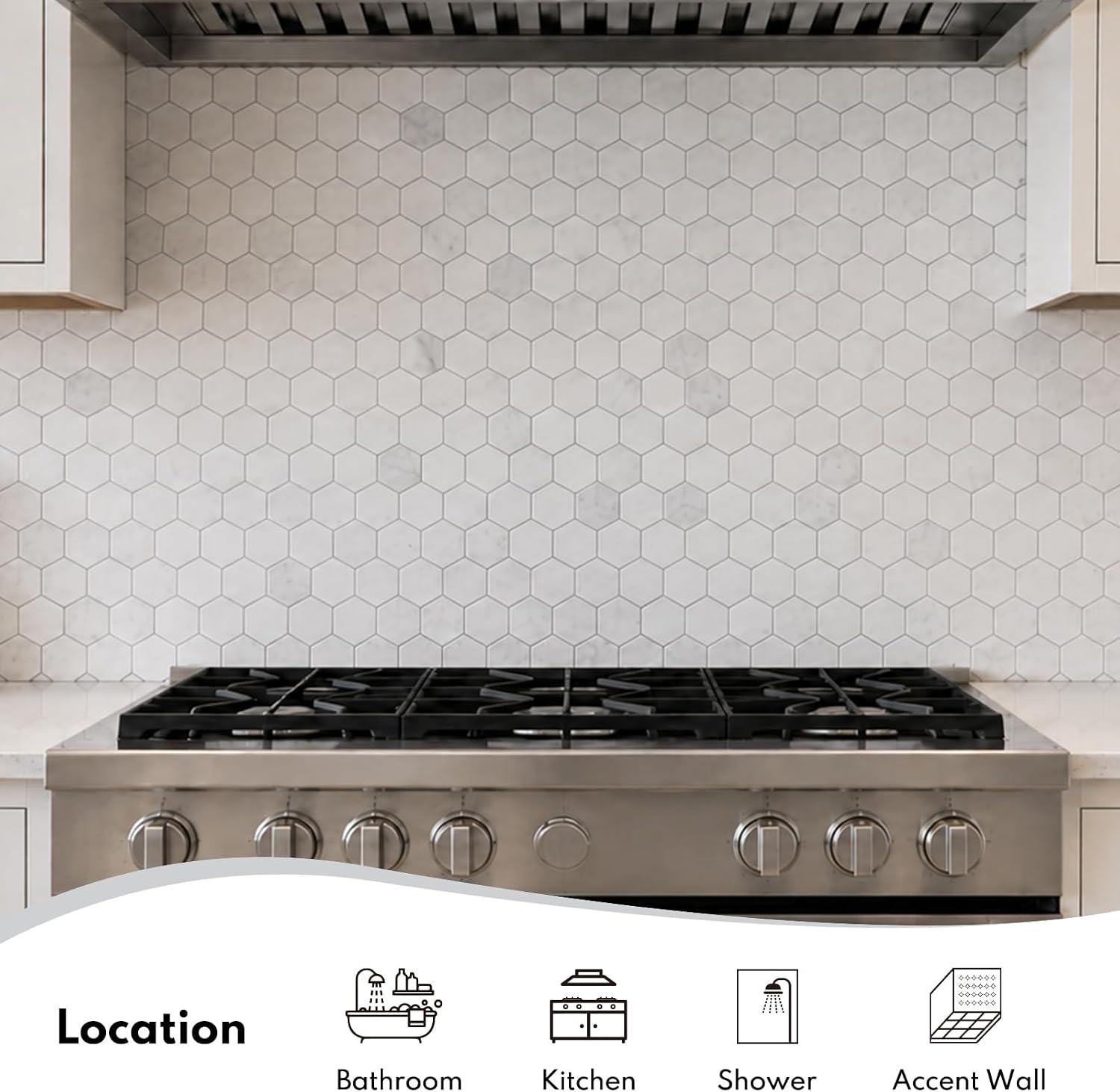 Lovdeco Bianco Alba Marble Stone 2 Inch Hexagon White Marble Mosaic Tile for Kitchen Wall Bathroom Shower Floor (5 Sheet, Honed)