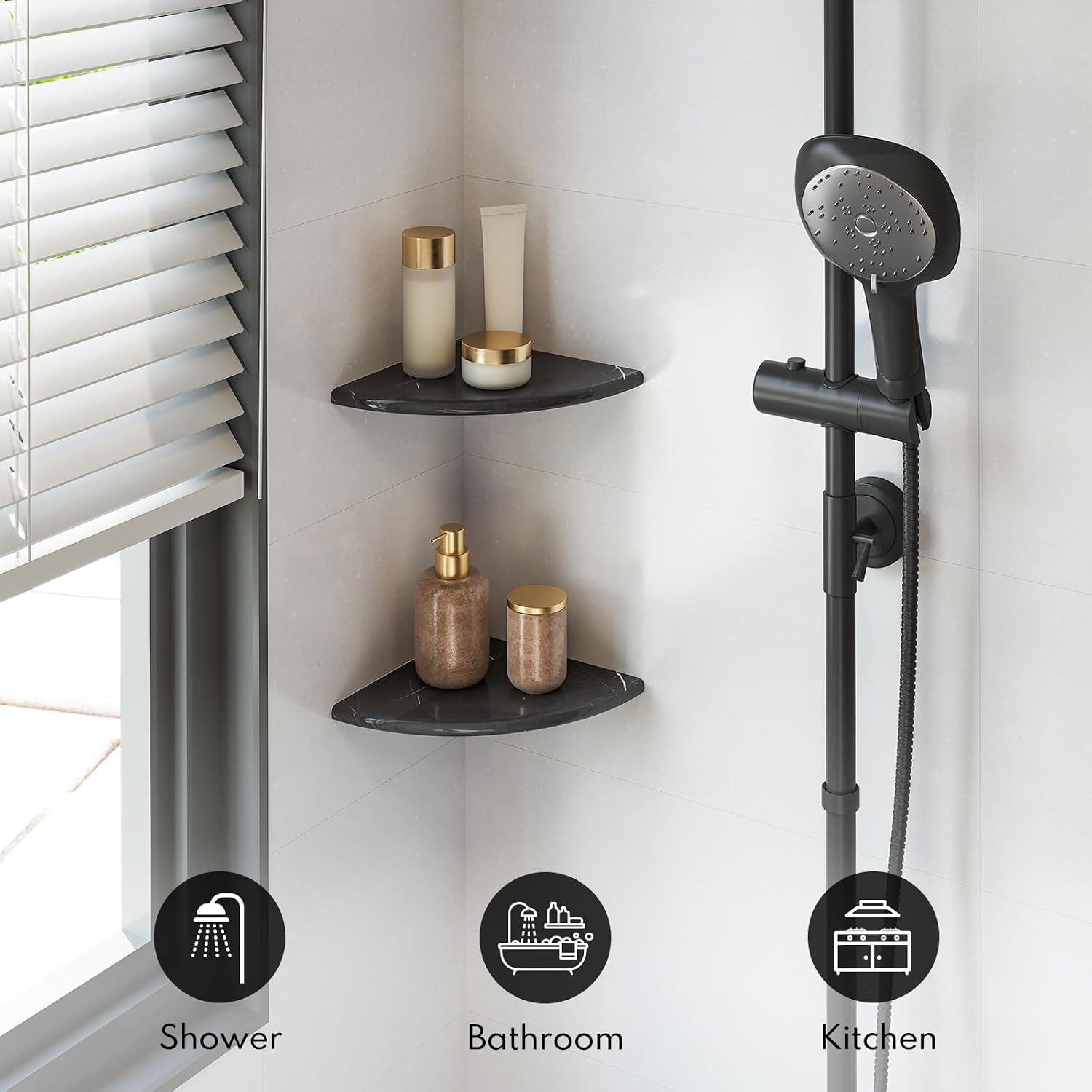 Lovdeco 2 Pcs Black Marble Corner Shelf, Nero Marquina Black Marble Corner Shower Shelf, Polished 9" Round Edge Corner Shelves for Bathroom, Kitchen, Office, Living Room, 2 Piece