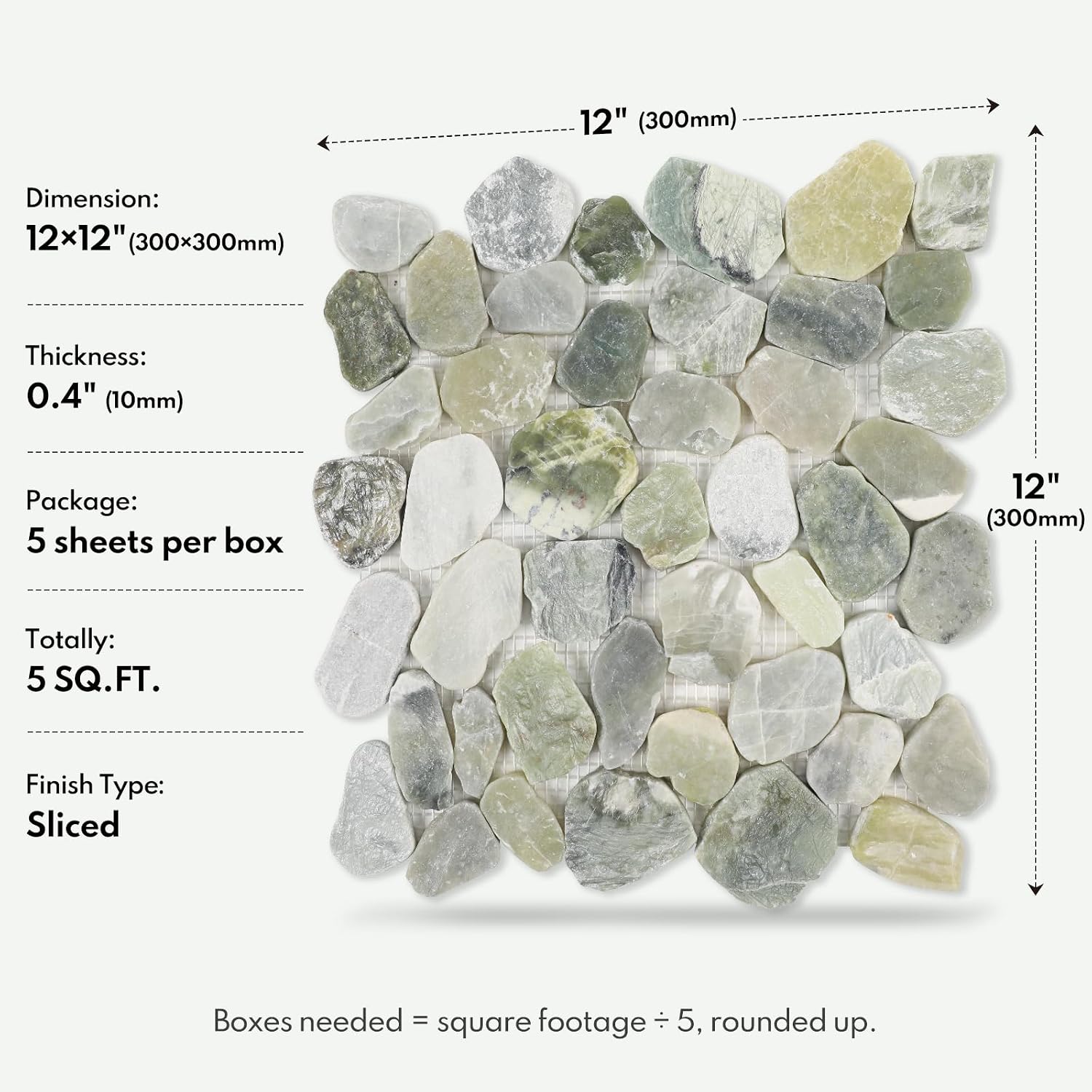 Lovdeco Pebble Tiles for Shower and Bathroom Floors, Jade Green Pebble Stone Mosaic Tile with Matte and Flat Surface, 5 Sheets (12" X 12"), 5 sq.ft, Sliced