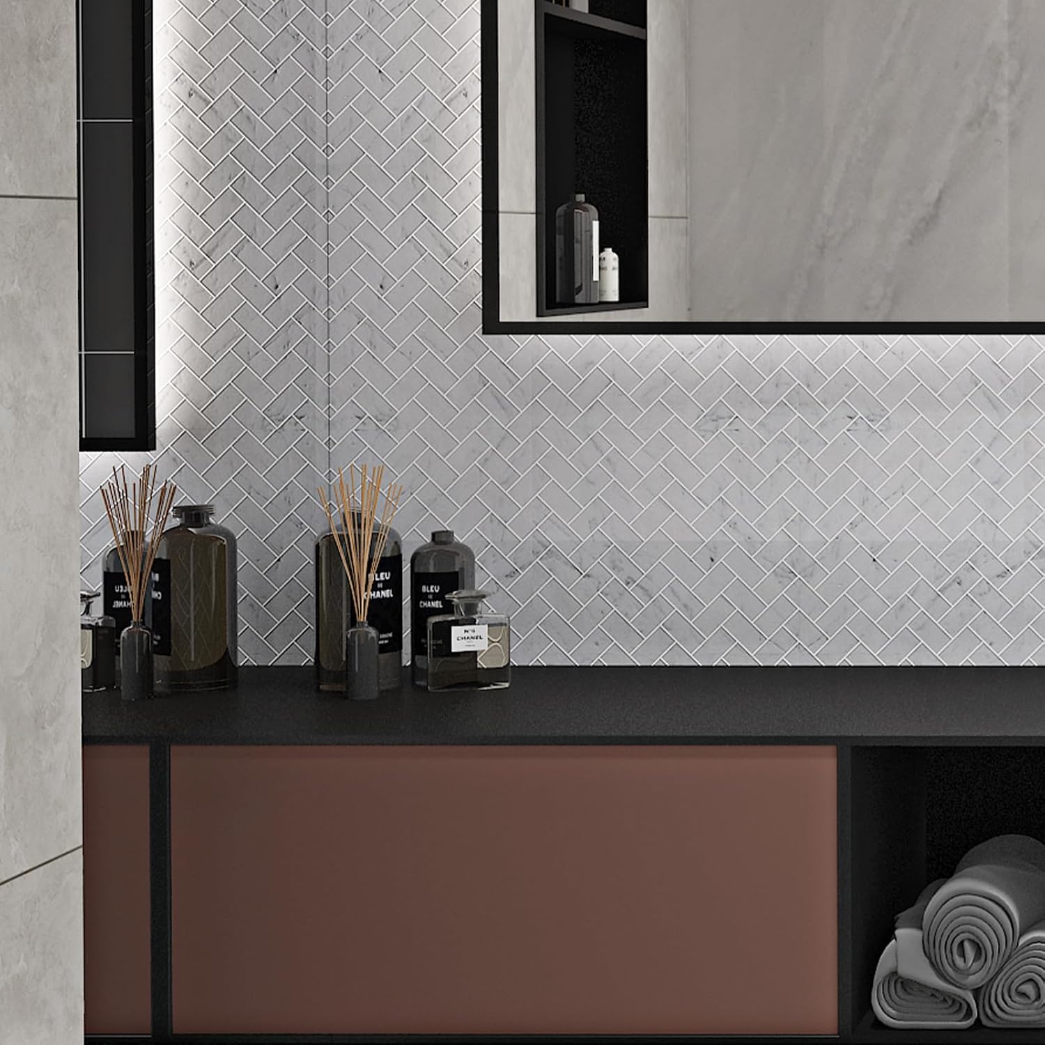 Lovdeco Carrara White Marble Stone 1x2 Inch Herringbone Italian Bianco Carrera Marble Mosaic Tile for Kitchen Wall Bathroom Shower Floor (5 Sheet, Polished)