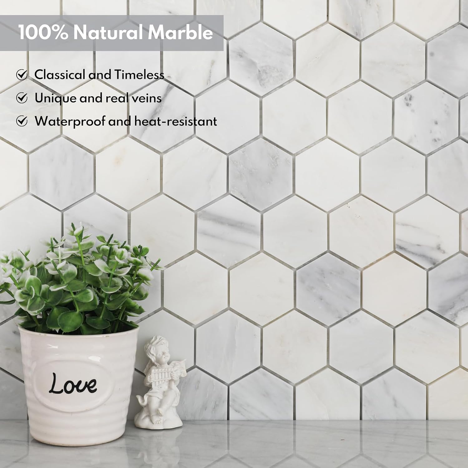 Lovdeco Bianco Alba Marble Stone 2 Inch Hexagon White Marble Mosaic Tile for Kitchen Wall Bathroom Shower Floor (5 Sheet, Honed)