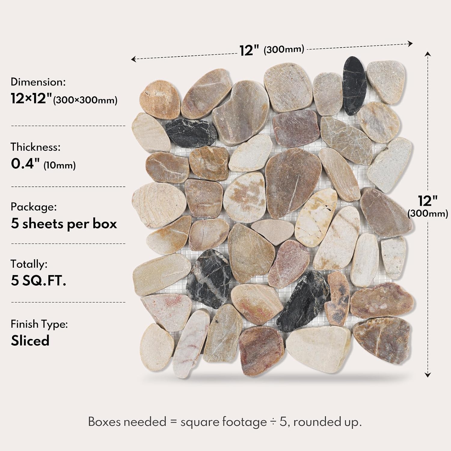 Pebble Tiles for Shower Floor, Sliced Mix River Rock, 12x12 Inch