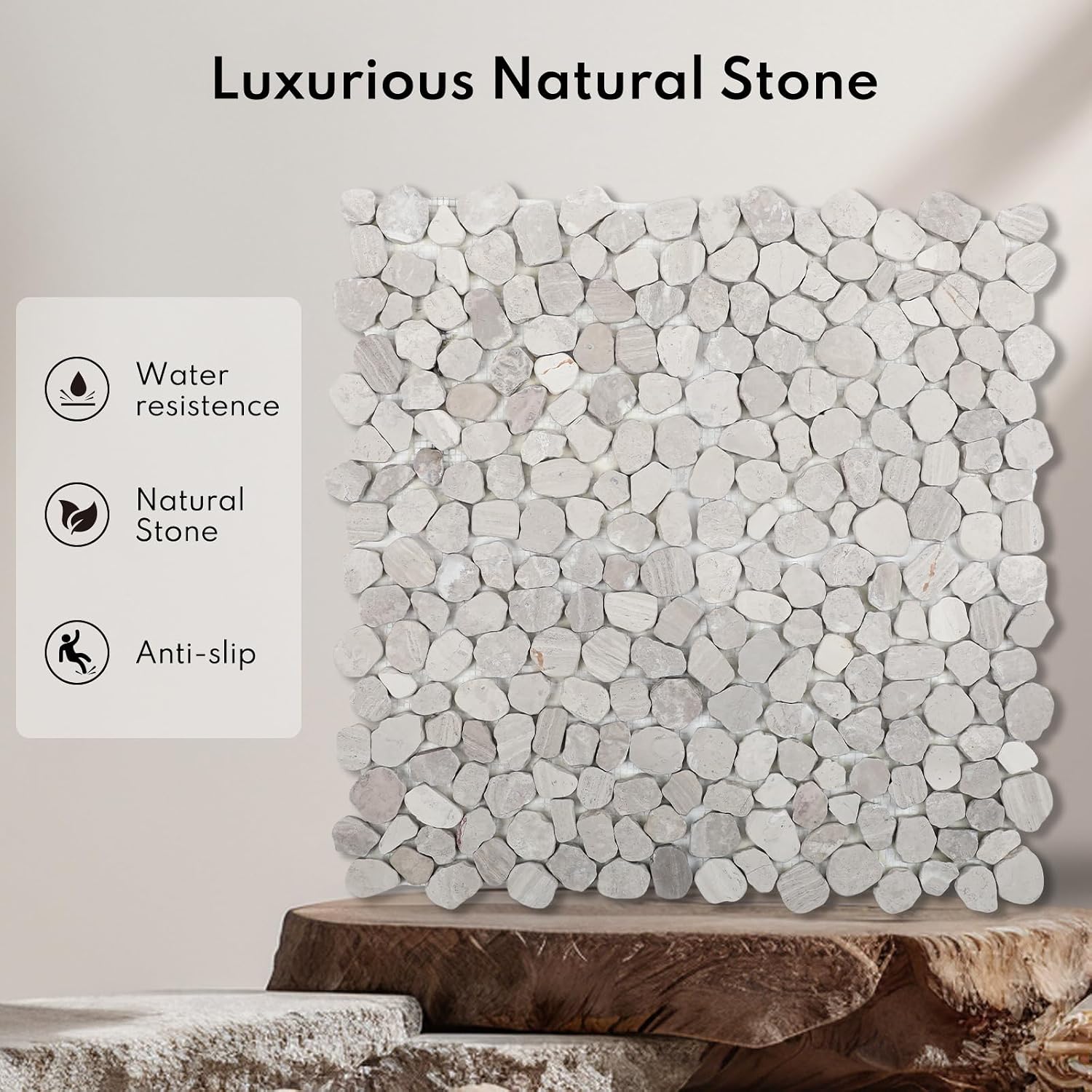 Lovdeco White Pebble Tile Shower Floor, Mosaic Pebble Backsplash for Wall, Stone Tiles for Bathroom and Outdoor Garden, 5 Sheets, Matte and Flat Surface