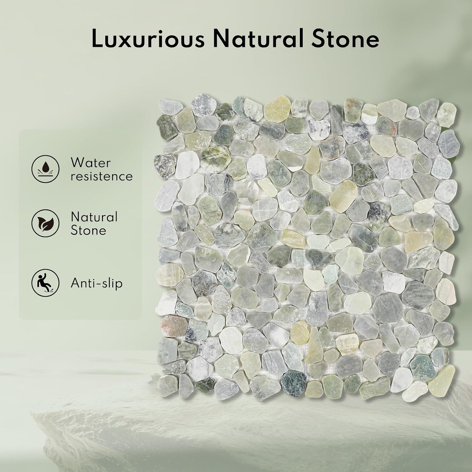 Lovdeco Pebble Tiles for Shower and Bathroom Floors, Jade Green Pebble Stone Mosaic Tile with Matte and Flat Surface, 5 Sheets (12" X 12"), 5 sq.ft, Sliced
