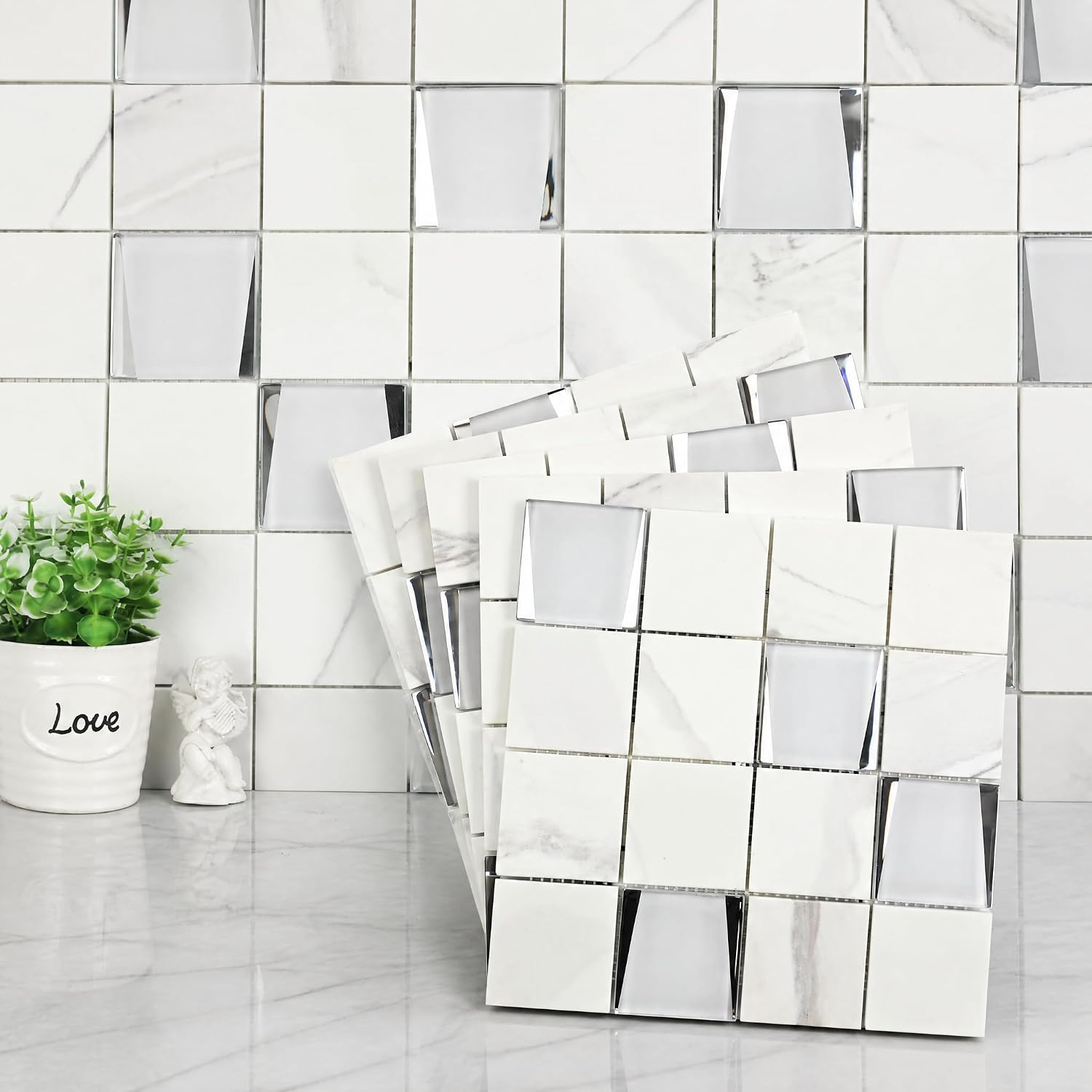 Lovdeco Marble Look 3D Mosaic Tile, 75x75mm Backsplash, 5 Sheets