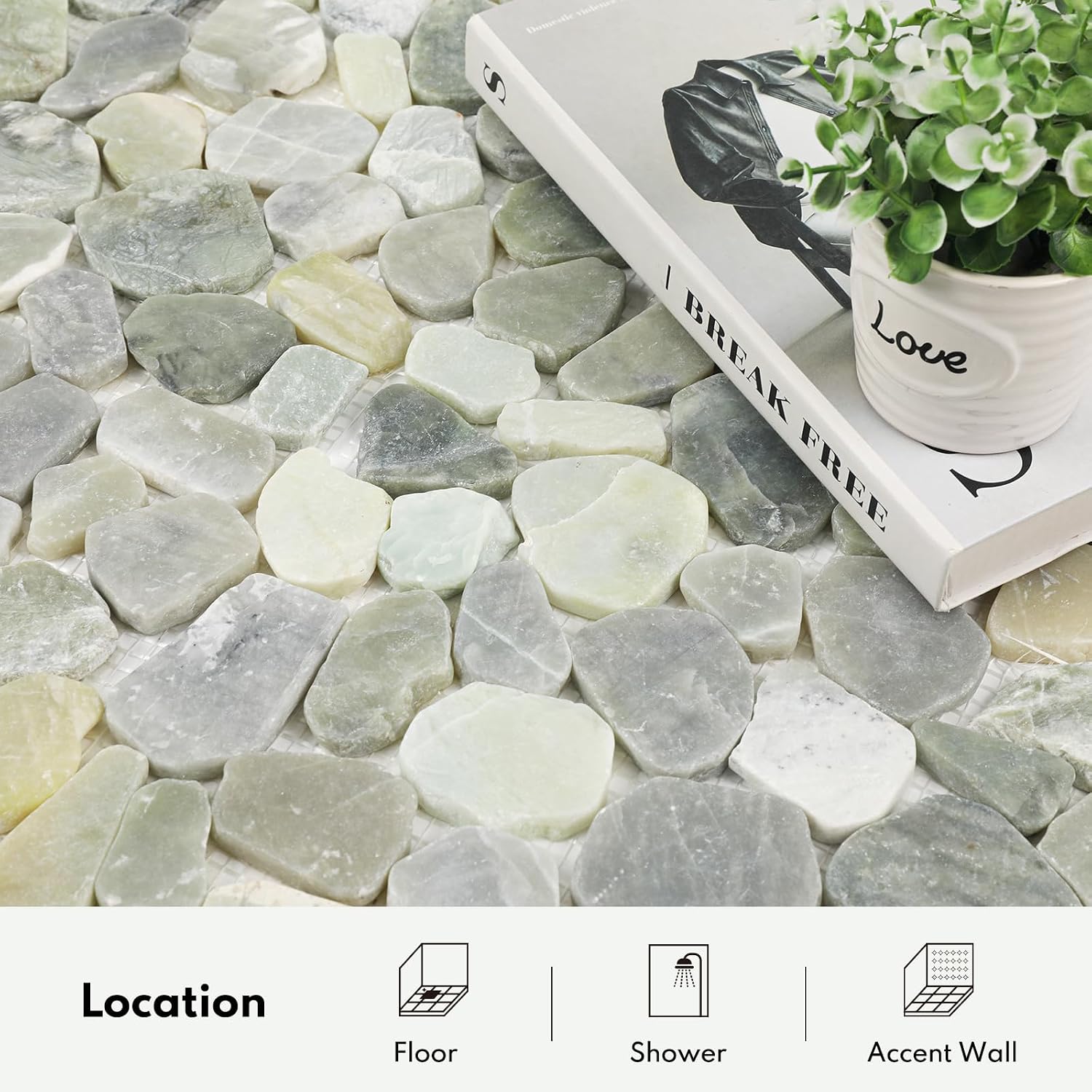 Lovdeco Pebble Tiles for Shower and Bathroom Floors, Jade Green Pebble Stone Mosaic Tile with Matte and Flat Surface, 5 Sheets (12" X 12"), 5 sq.ft, Sliced