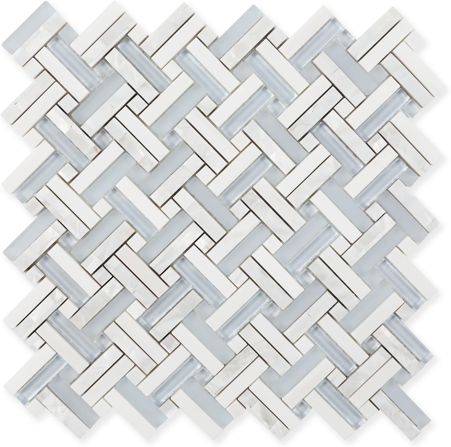 Lovdeco Glass Herringbone Mosaic Tiles, White with Blue Glass Strip Kitchen and Bathroom Shower Wall, 5 PCS, 4.8 SQ.FT.