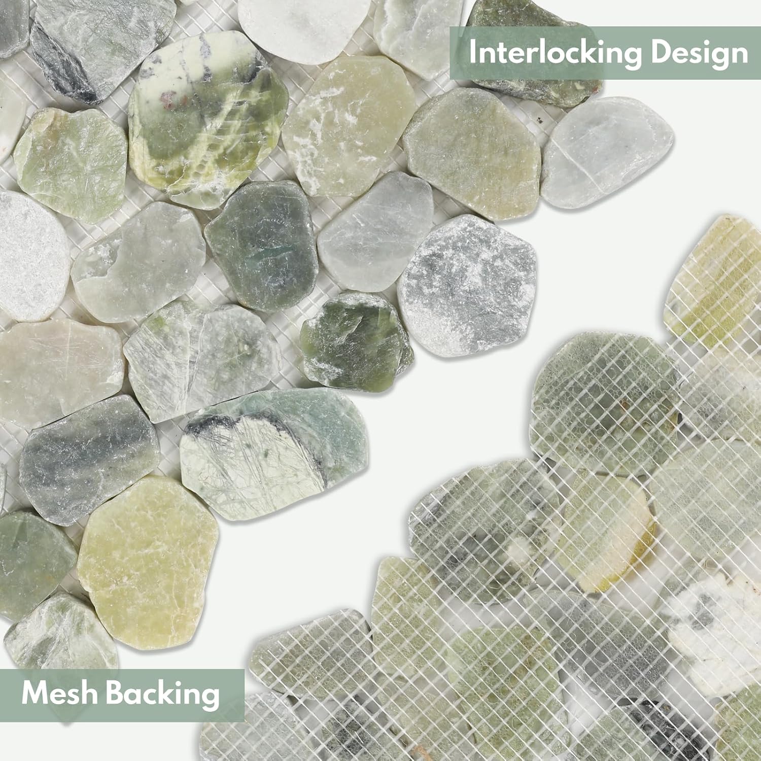 Lovdeco Pebble Tiles for Shower and Bathroom Floors, Jade Green Pebble Stone Mosaic Tile with Matte and Flat Surface, 5 Sheets (12" X 12"), 5 sq.ft, Sliced