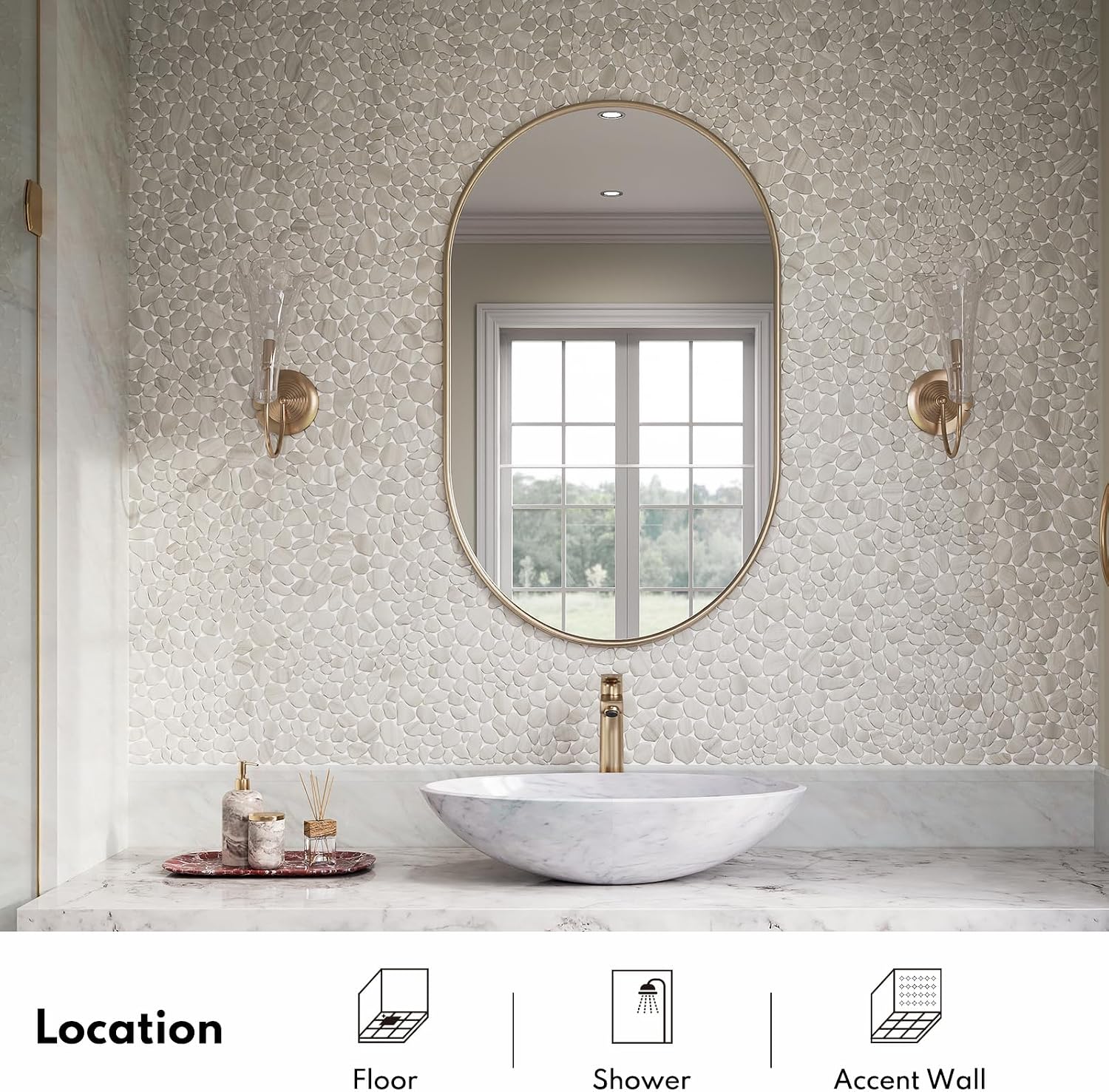 Lovdeco White Pebble Tile Shower Floor, Mosaic Pebble Backsplash for Wall, Stone Tiles for Bathroom and Outdoor Garden, 5 Sheets, Matte and Flat Surface