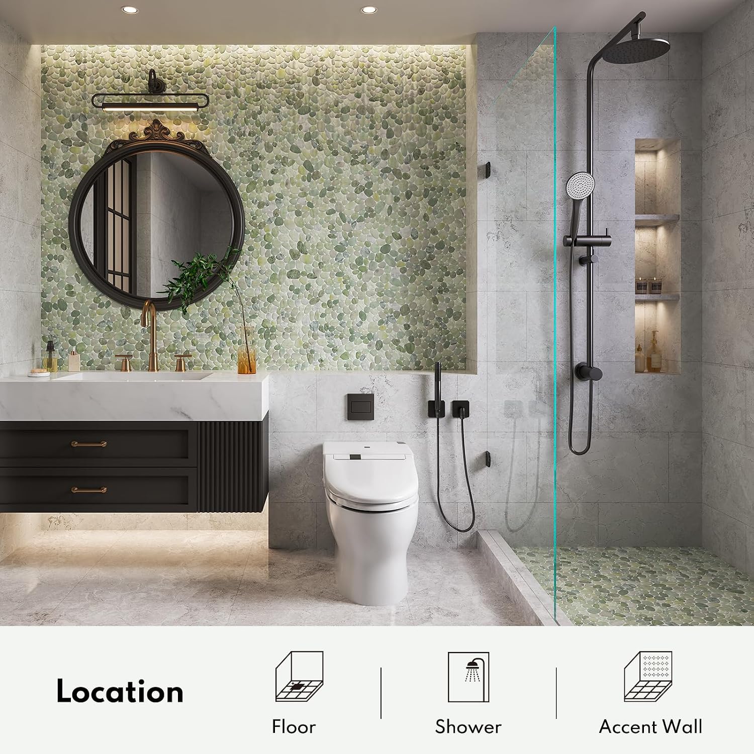 Lovdeco Pebble Tiles for Shower and Bathroom Floors, Jade Green Pebble Stone Mosaic Tile with Matte and Flat Surface, 5 Sheets (12" X 12"), 5 sq.ft, Sliced