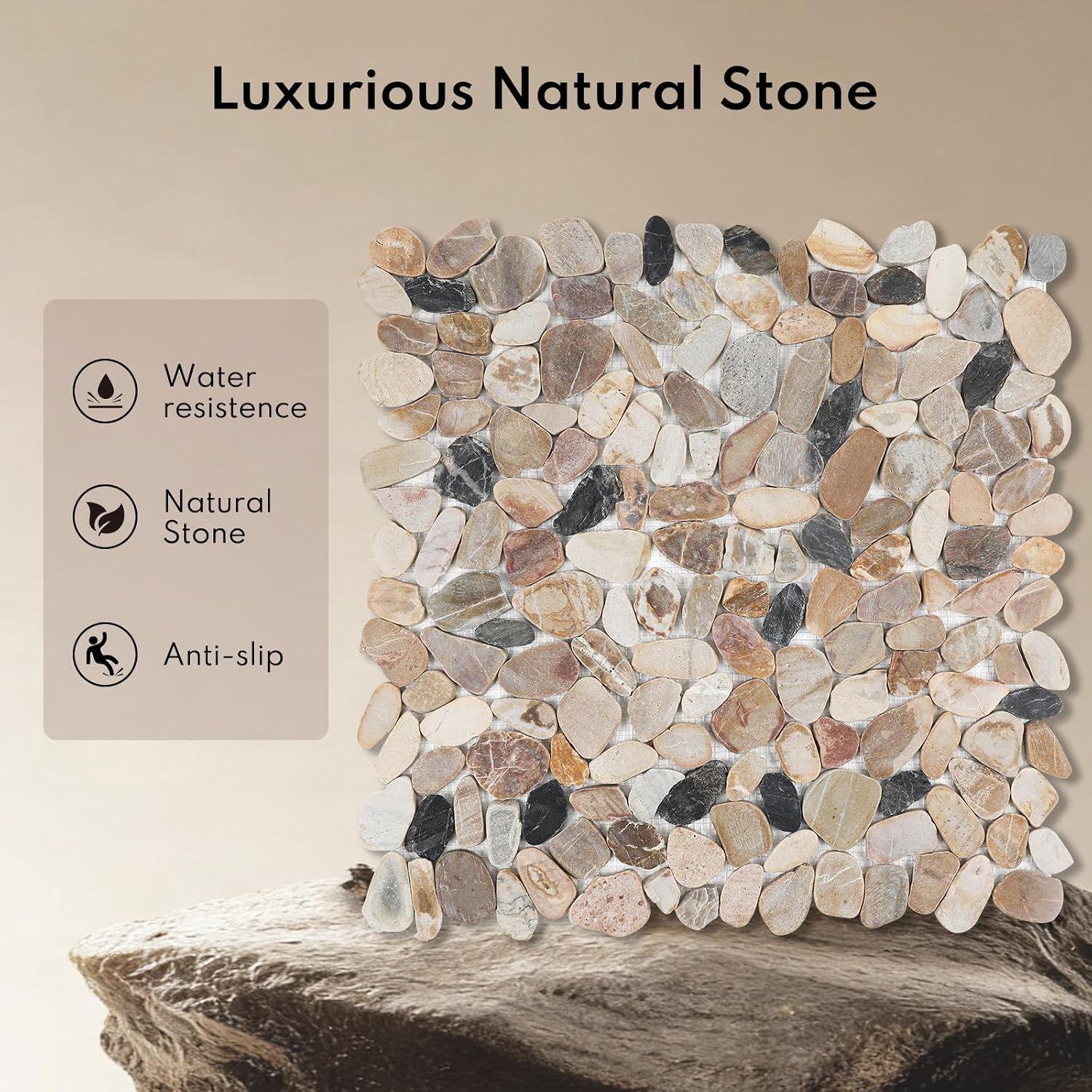 Pebble Tiles for Shower Floor, Sliced Mix River Rock, 12x12 Inch