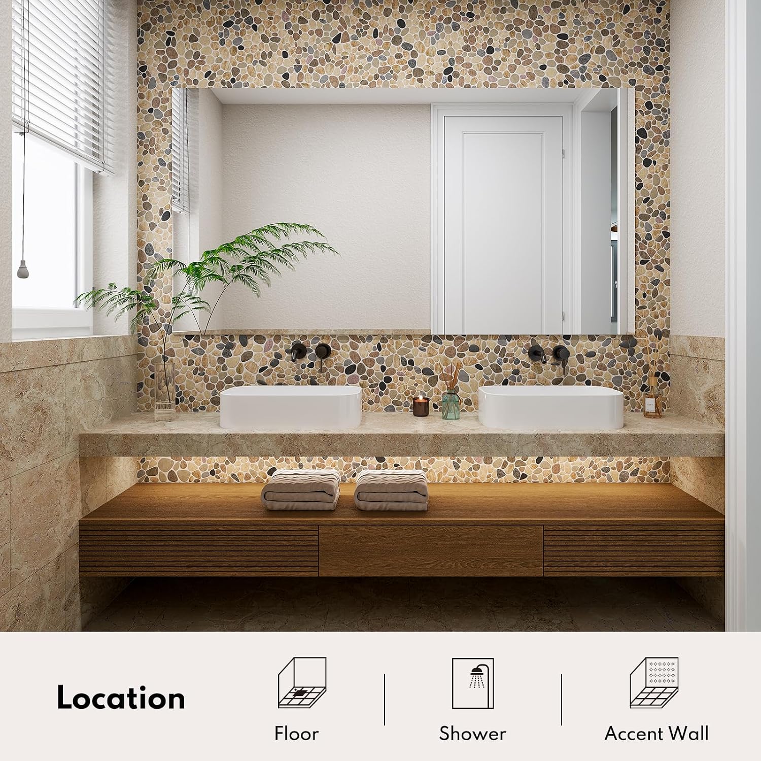 Pebble Tiles for Shower Floor, Sliced Mix River Rock, 12x12 Inch
