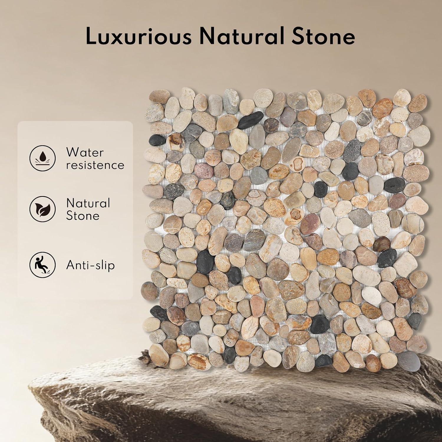 Lovdeco Pebble Tiles for Shower and Bathroom Floor, Tumbled Mix River Rock Pebble Stone Mosaic Tile with Matte Surface, 5 Sheets (12" X 12"), 5 sq.ft