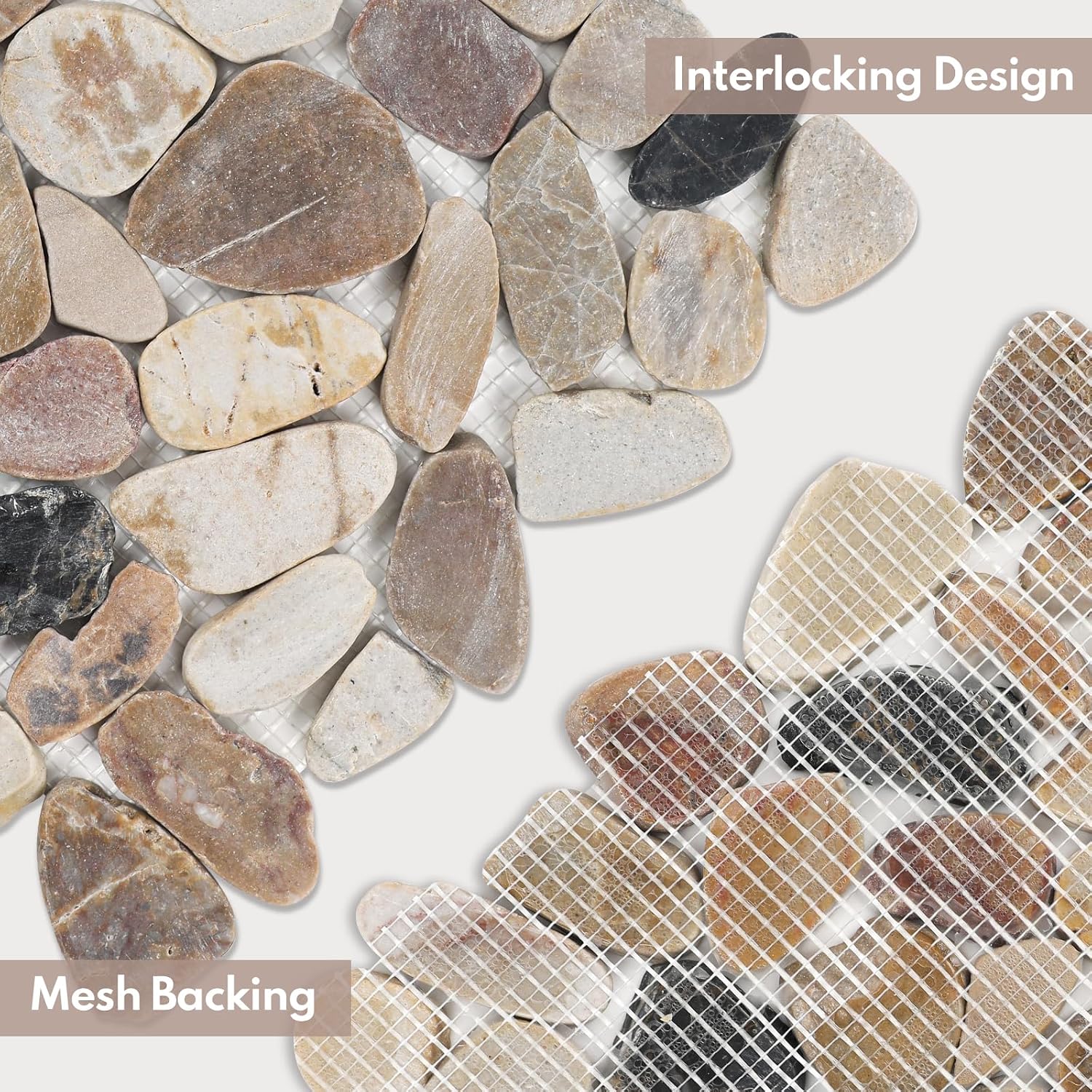 Pebble Tiles for Shower Floor, Sliced Mix River Rock, 12x12 Inch