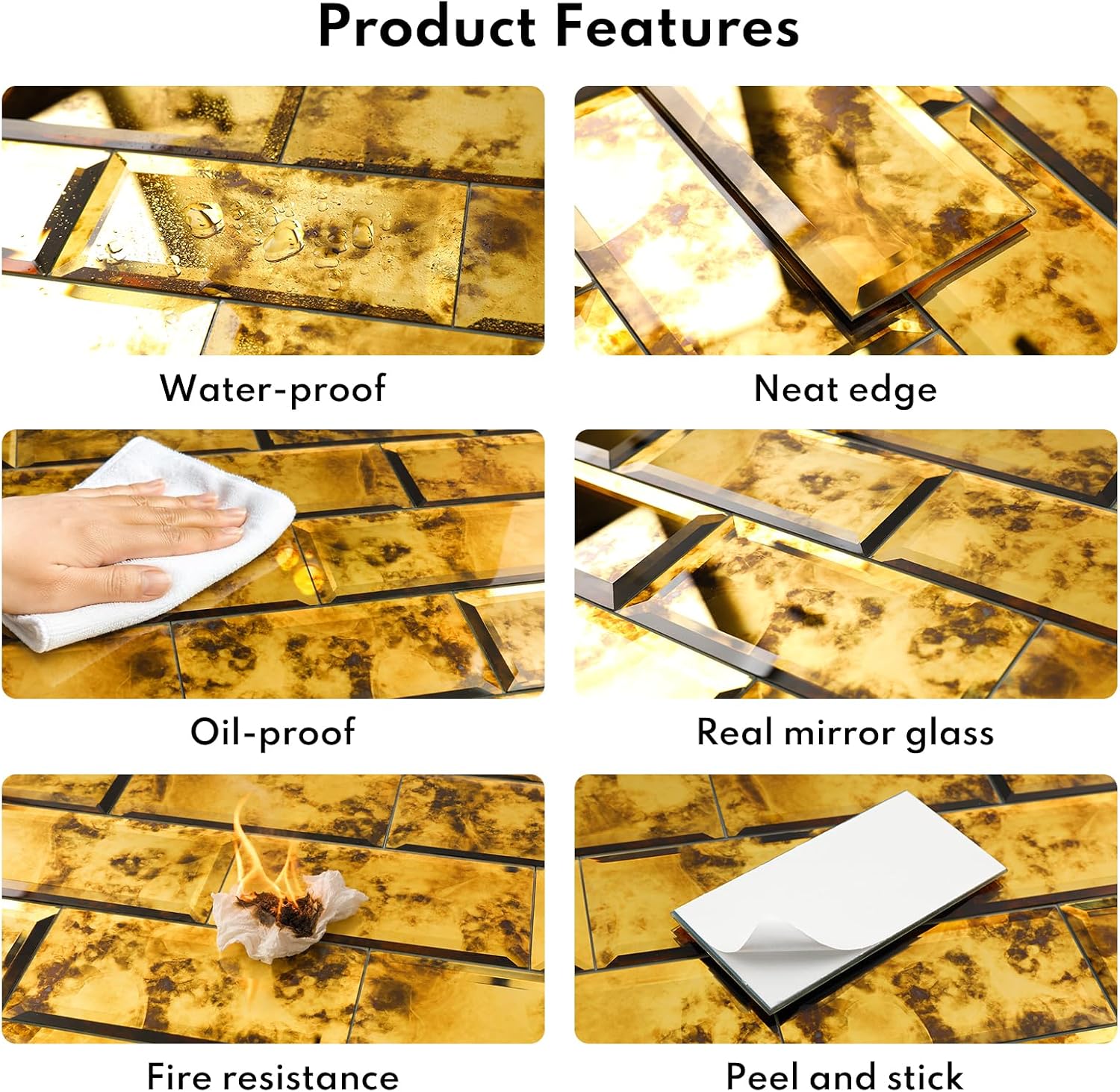 Lovdeco Peel & Stick Gold Antique Mirror Tile 3x6 Inch Beveled (40 Pcs)