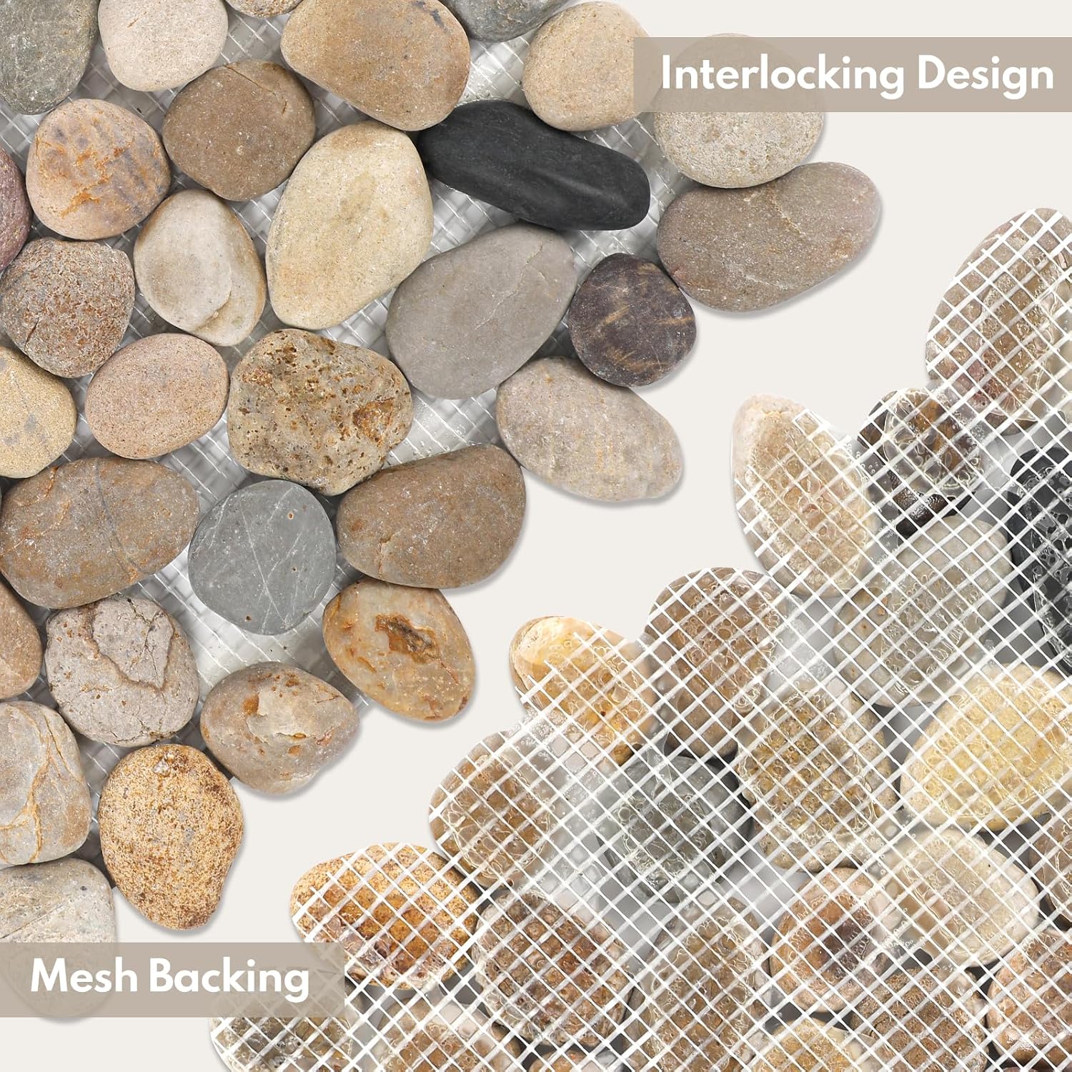 Lovdeco Pebble Tiles for Shower and Bathroom Floor, Tumbled Mix River Rock Pebble Stone Mosaic Tile with Matte Surface, 5 Sheets (12" X 12"), 5 sq.ft