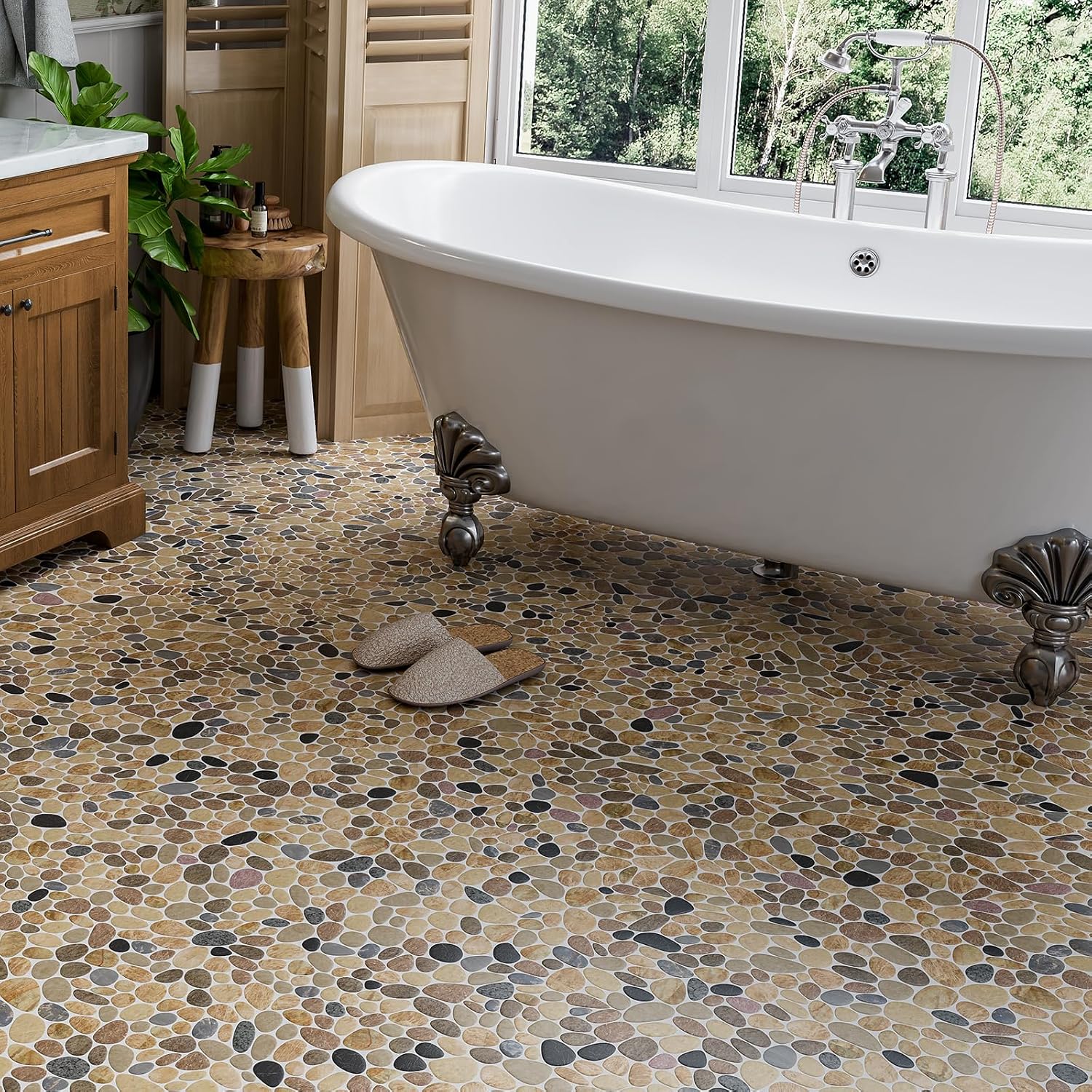 Pebble Tiles for Shower Floor, Sliced Mix River Rock, 12x12 Inch