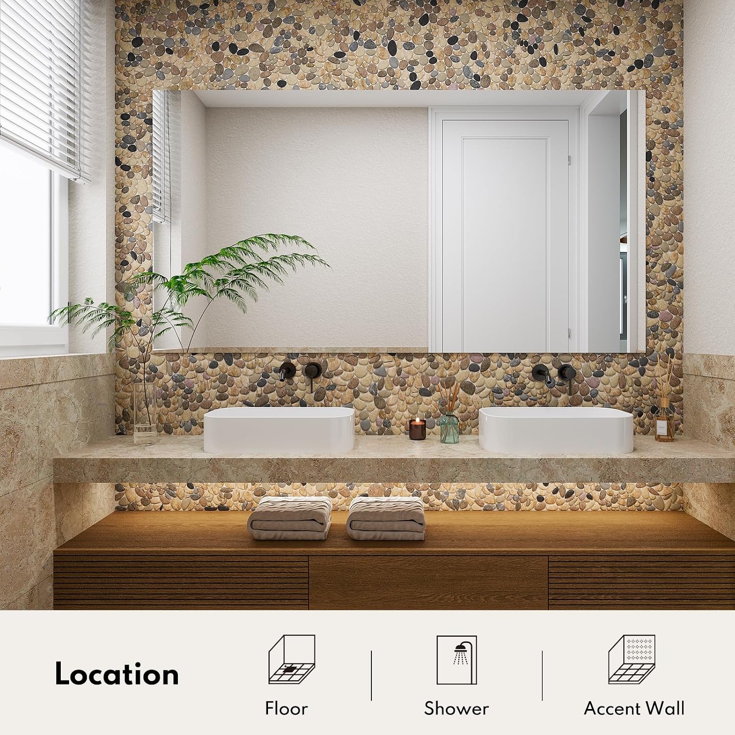 Lovdeco Pebble Tiles for Shower and Bathroom Floor, Tumbled Mix River Rock Pebble Stone Mosaic Tile with Matte Surface, 5 Sheets (12" X 12"), 5 sq.ft