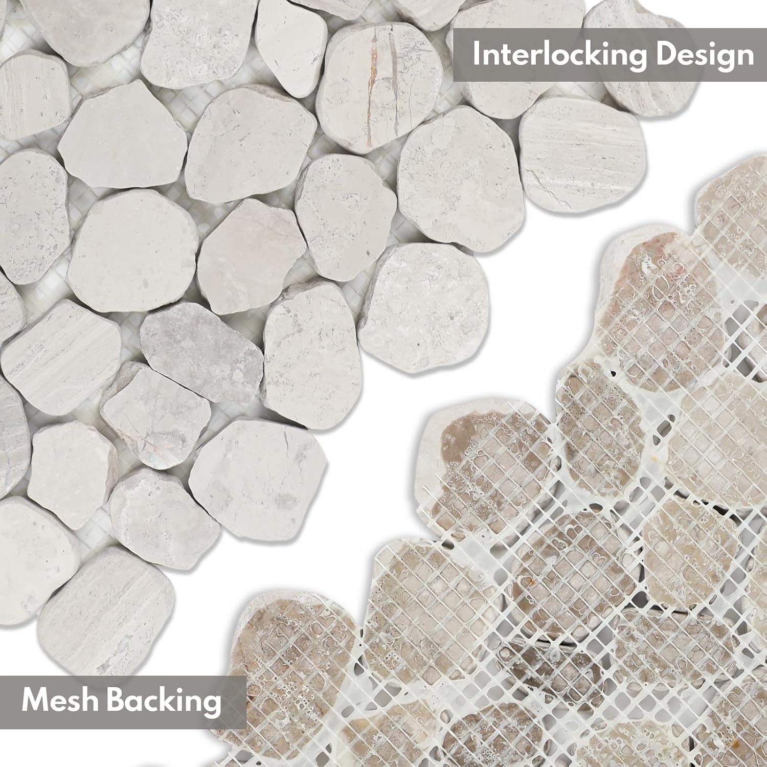 Lovdeco White Pebble Tile Shower Floor, Mosaic Pebble Backsplash for Wall, Stone Tiles for Bathroom and Outdoor Garden, 5 Sheets, Matte and Flat Surface