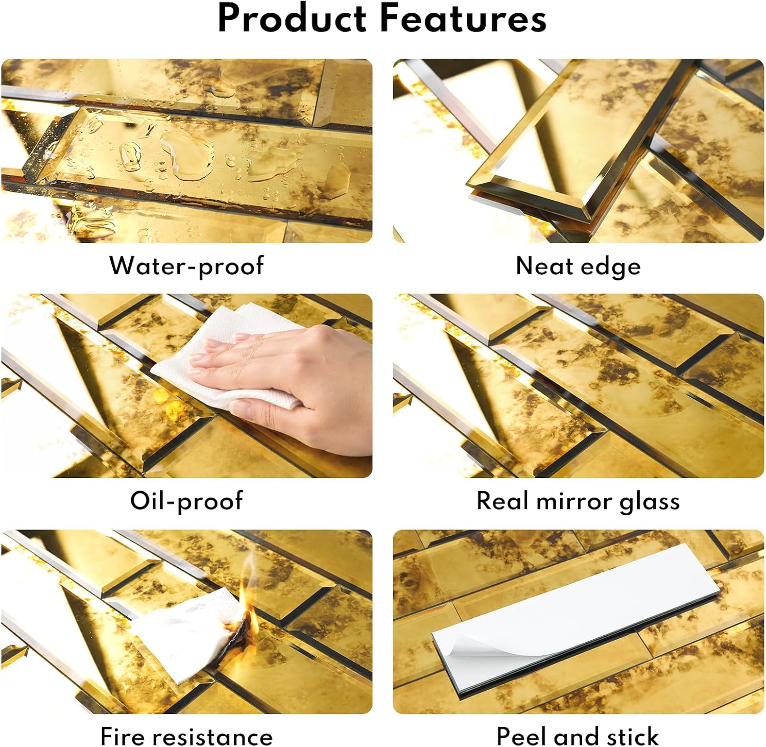 Lovdeco Peel & Stick Gold Antique Mirror Tile 3x12 Inch Beveled (20 Pcs)