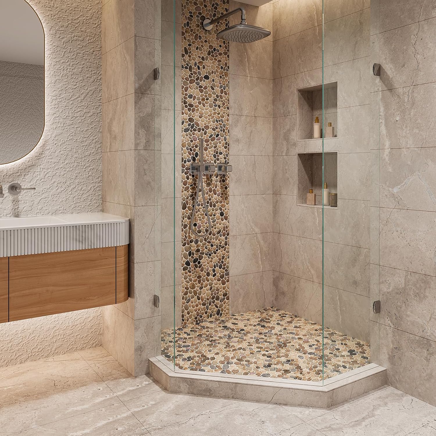 Lovdeco Pebble Tiles for Shower and Bathroom Floor, Tumbled Mix River Rock Pebble Stone Mosaic Tile with Matte Surface, 5 Sheets (12" X 12"), 5 sq.ft