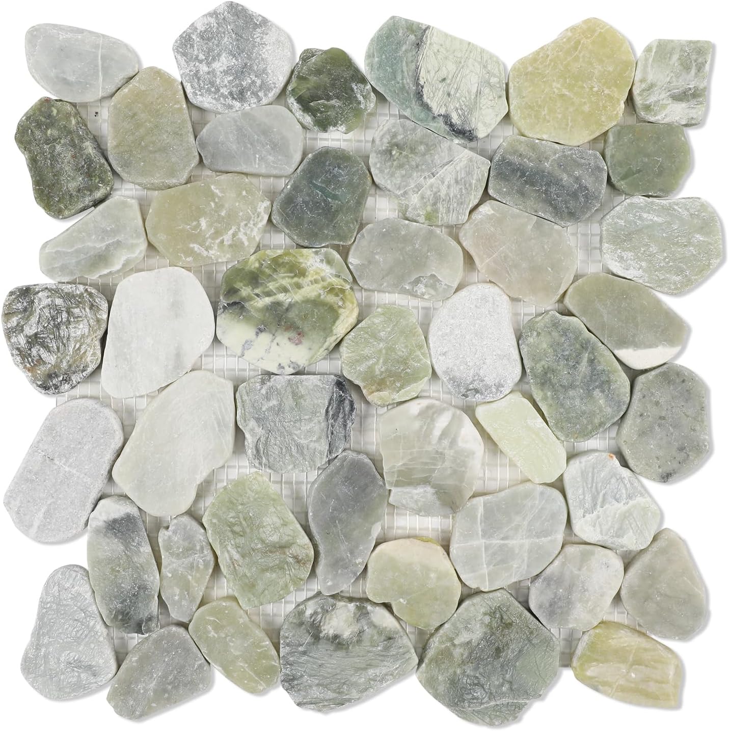 Lovdeco jade green pebble tile laid flat, showing green, white and grey pebbles