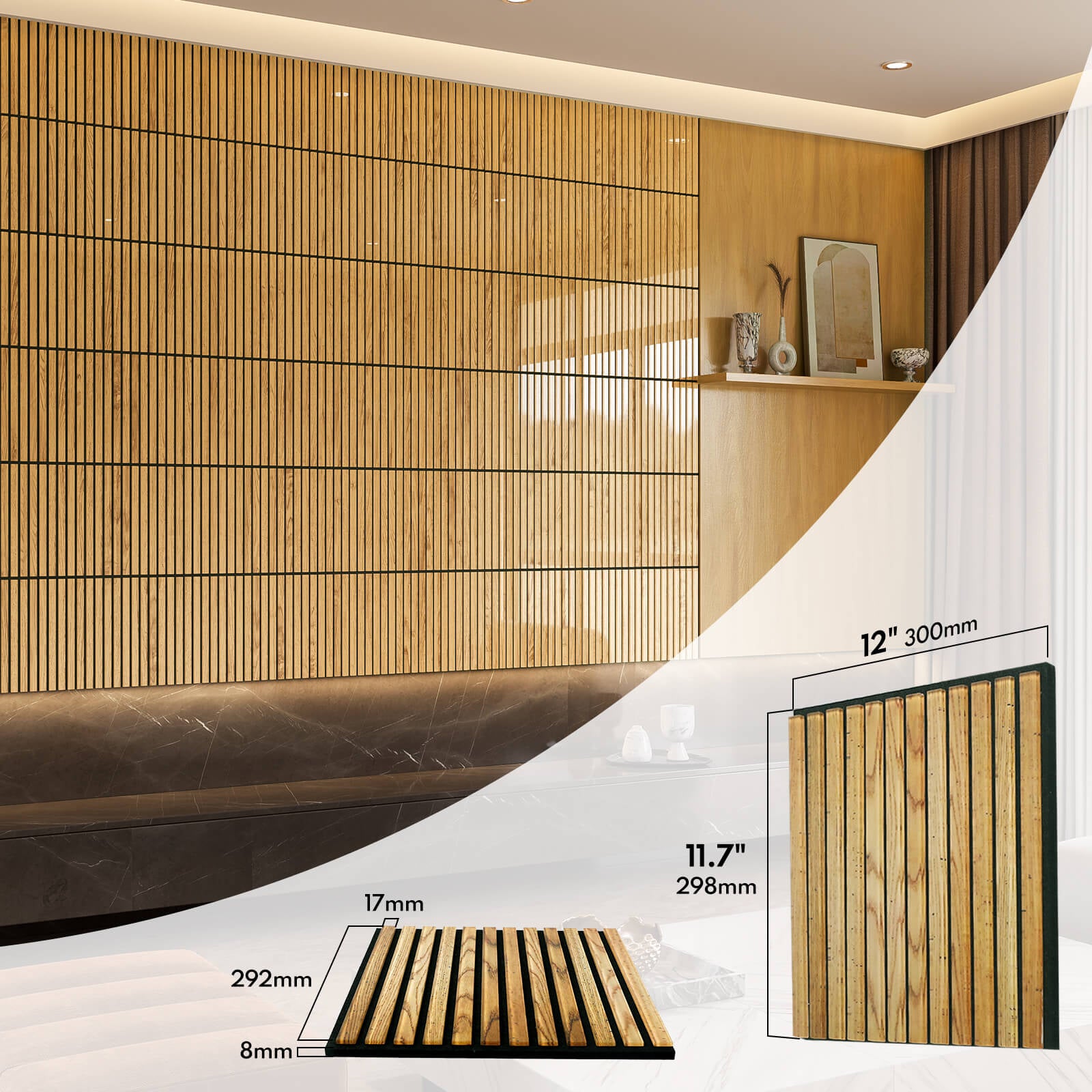 Lovdeco Acoustic Wall Panels, 10 Pack 12'' Fluted Acoustic Panels, Glass Slat Sound Absorbing Panels for art Wall Decorative, Teak