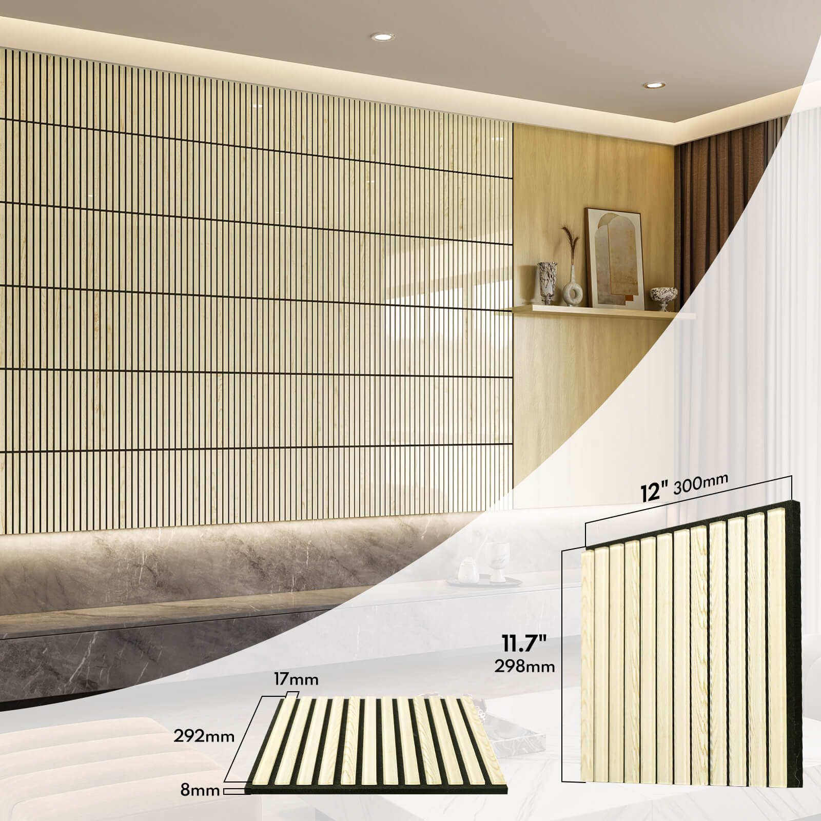 Lovdeco Acoustic Wall Panels, 10 Pack 12'' Fluted Acoustic Panels, Glass Slat Sound Absorbing Panels for art Wall Decorative, Oak