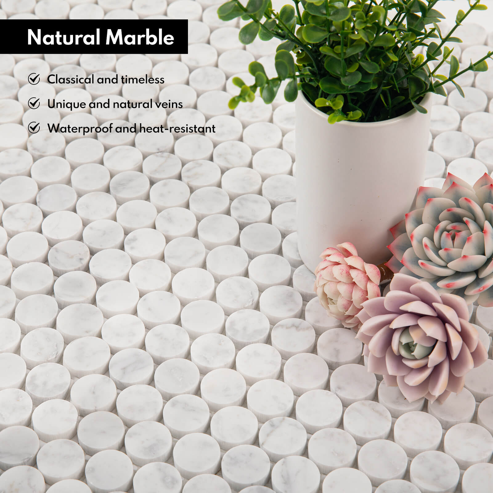 Carrara White Marble Stone 1 Inch Penny Italian Bianco Carrera Marble Mosaic Tile for Kitchen Wall Bathroom Shower Floor (5 Sheet, Honed)