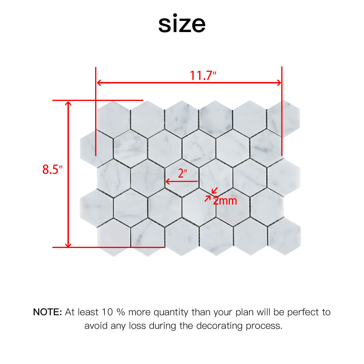 Carrara White Marble Mosaic, Polished Natural Italian Bianco Marble Tile for Shower Kitchen Wall Bathroom Floor, 2 Inch Hexagon, 5 Sheets