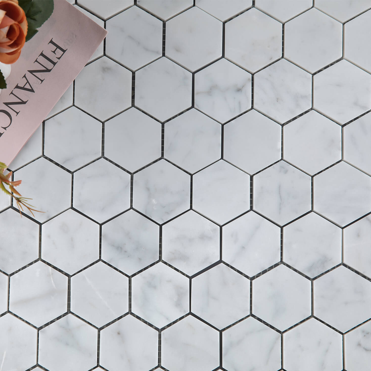 Carrara White Marble Mosaic, Polished Natural Italian Bianco Marble Tile for Shower Kitchen Wall Bathroom Floor, 2 Inch Hexagon, 5 Sheets