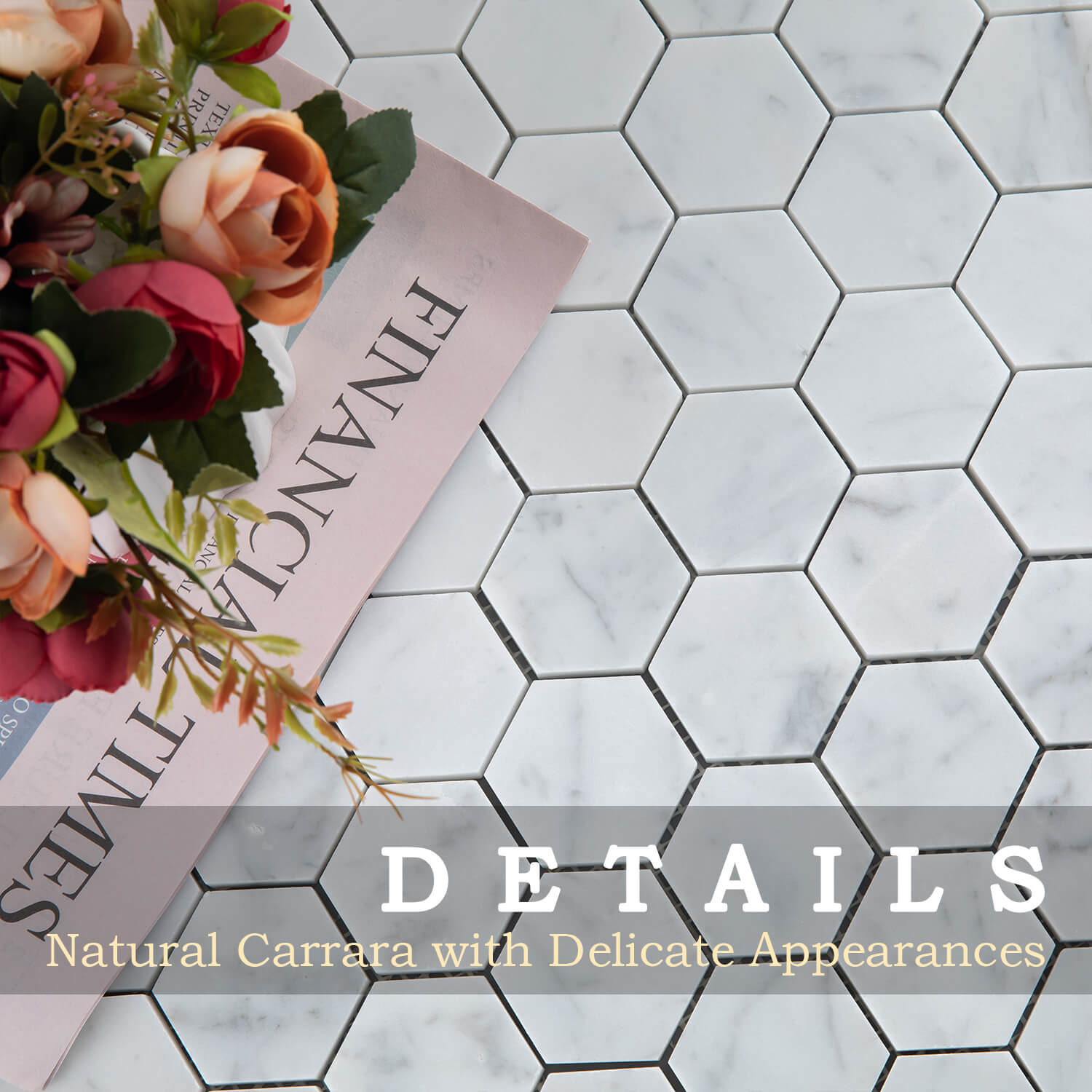 Carrara White Marble Mosaic, Polished Natural Italian Bianco Marble Tile for Shower Kitchen Wall Bathroom Floor, 2 Inch Hexagon, 5 Sheets