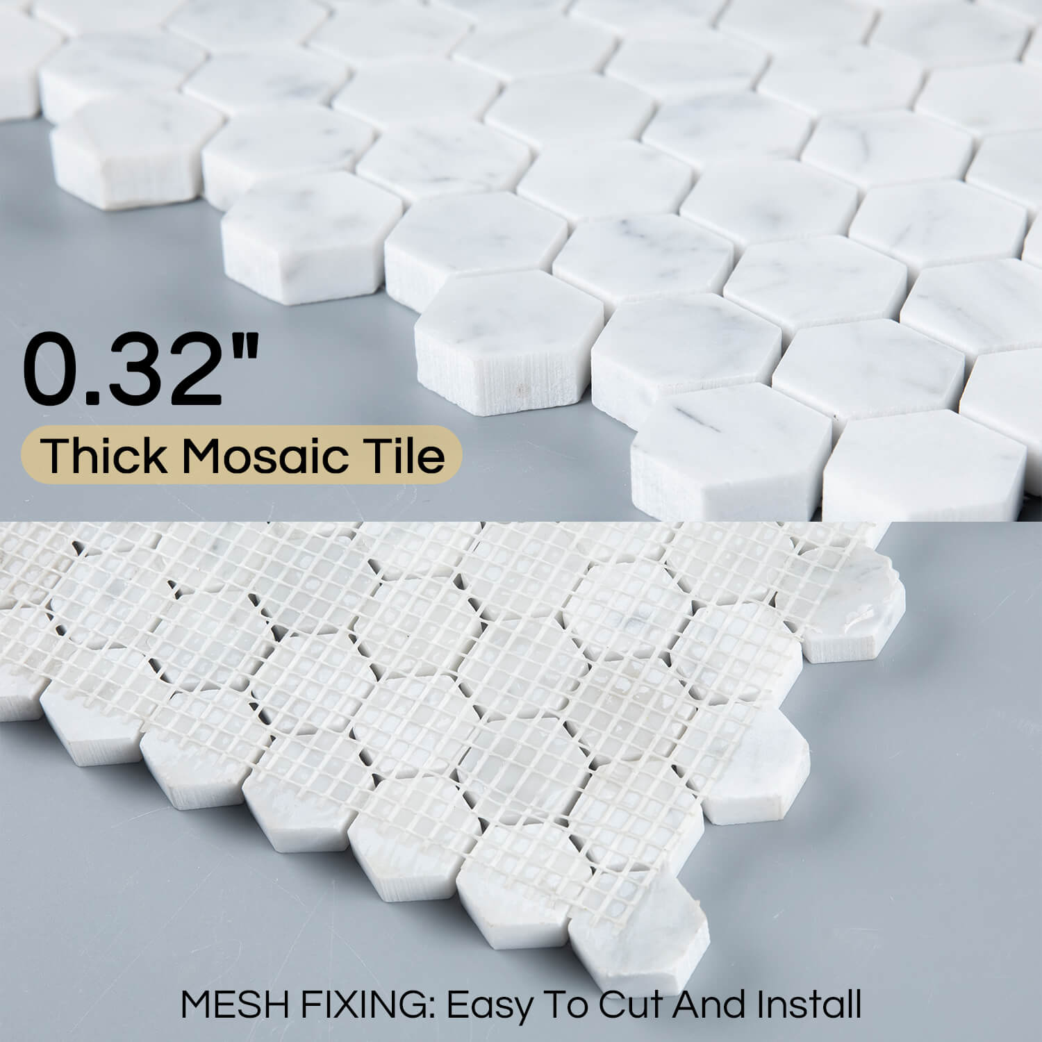 Carrara White Marble Mosaic, Polished Natural Italian Bianco Marble Tile for Shower Kitchen Wall Bathroom Floor, 2 Inch Hexagon, 5 Sheets